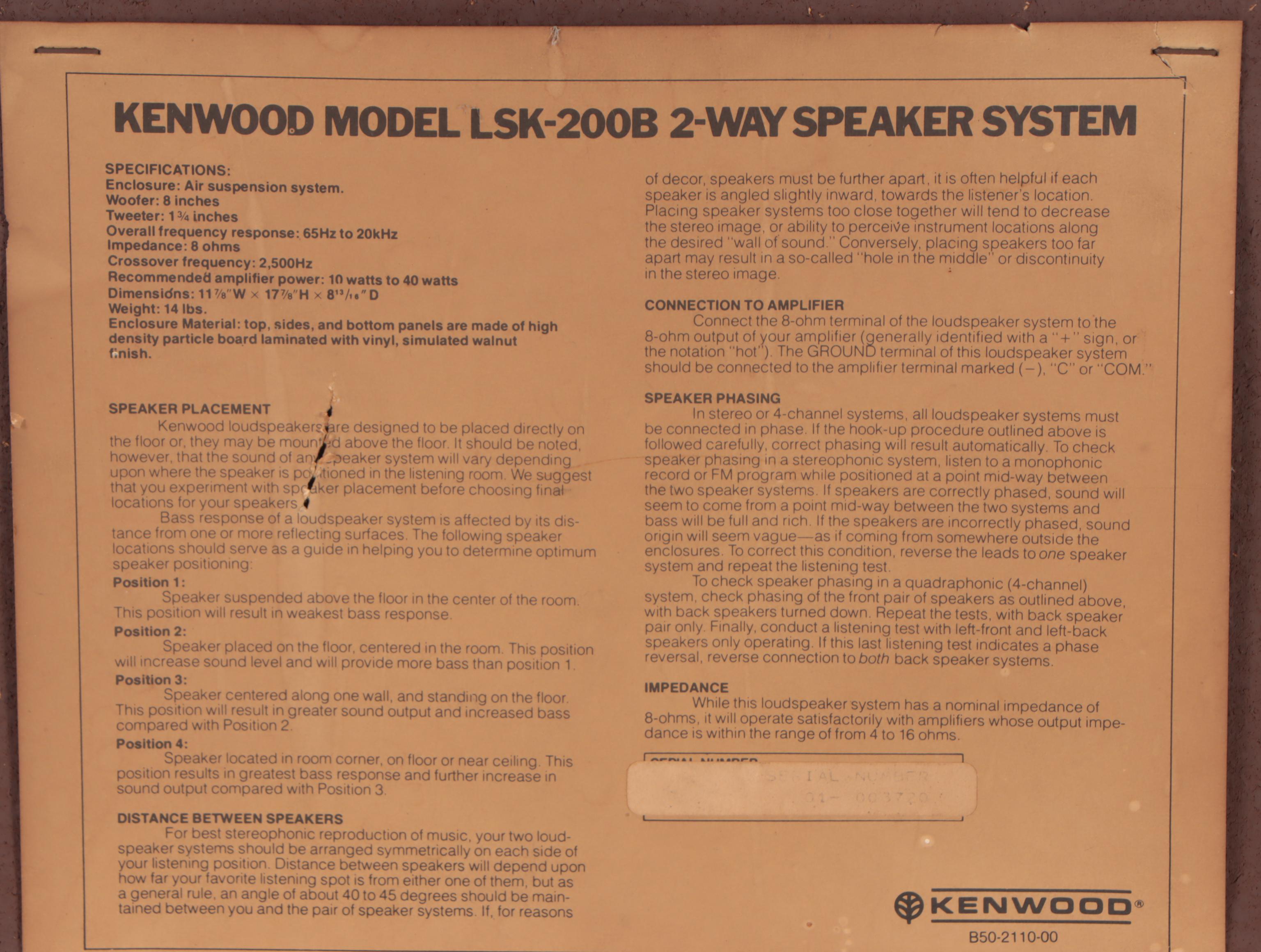 Kenwood Model LSK-200B Speaker System, Late 20th Century