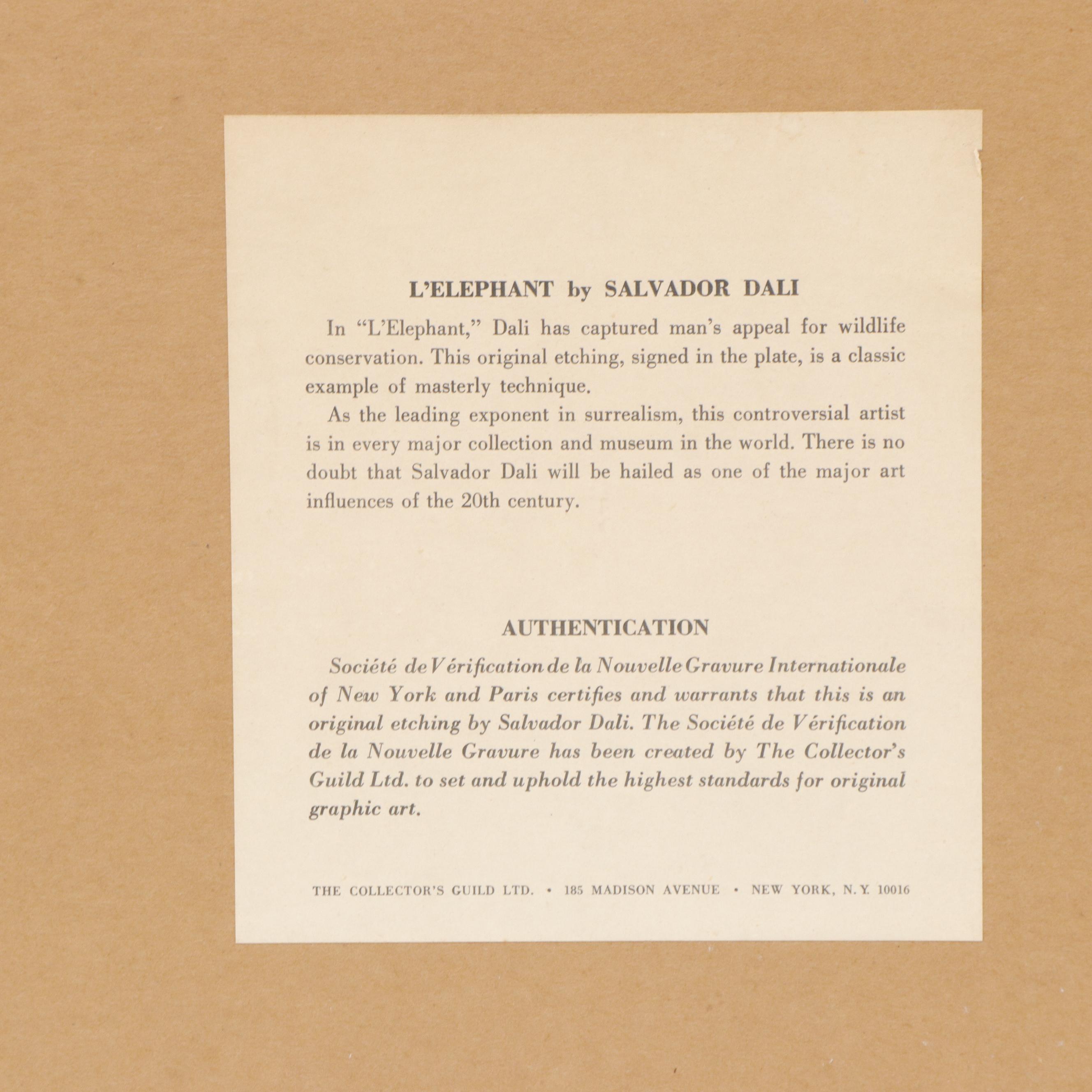 Salvador Dalí Restrike Etching "L' Elephant" EBTH