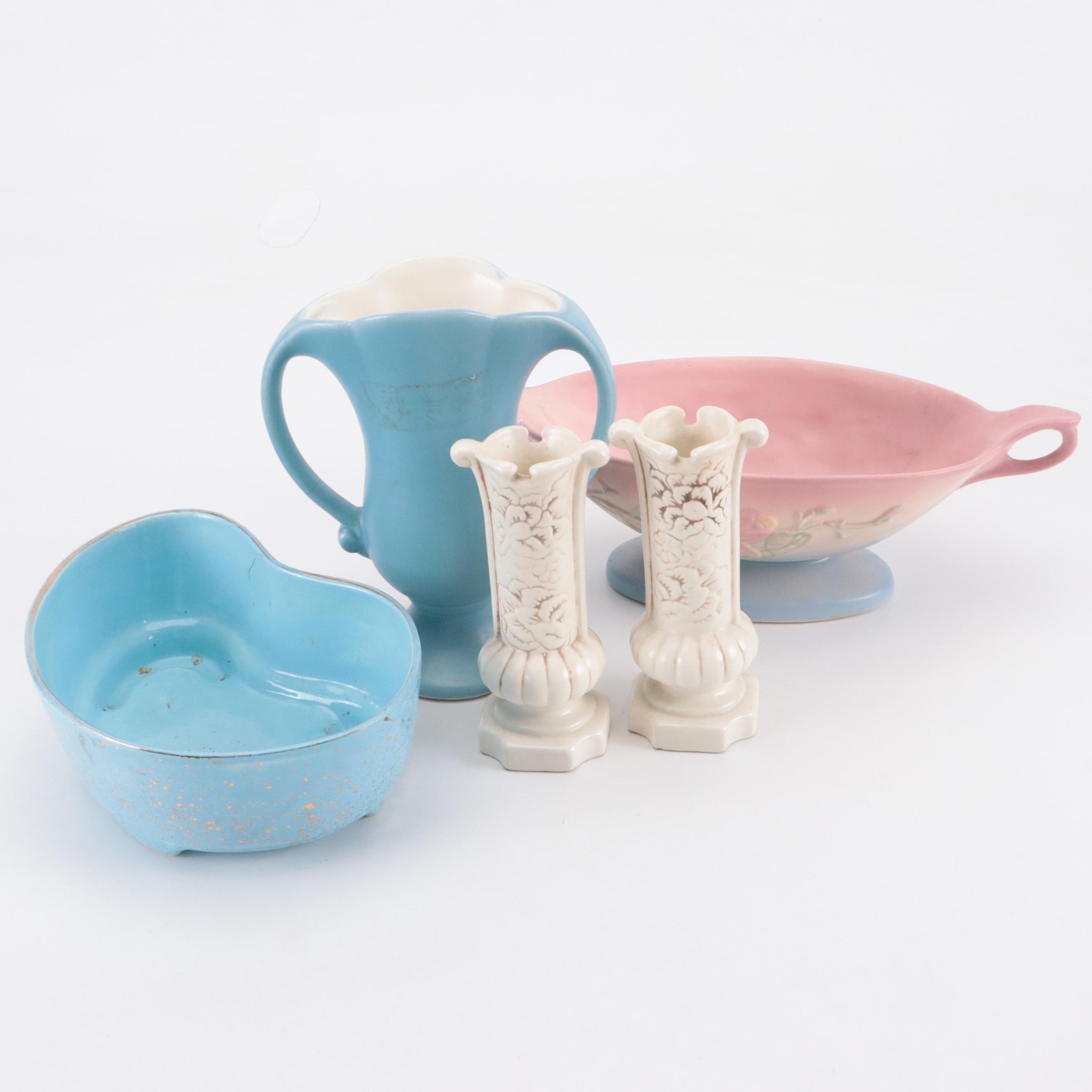 Red Wing Pottery Vase and Candlesticks with Hull Pottery Console Bowl Planter