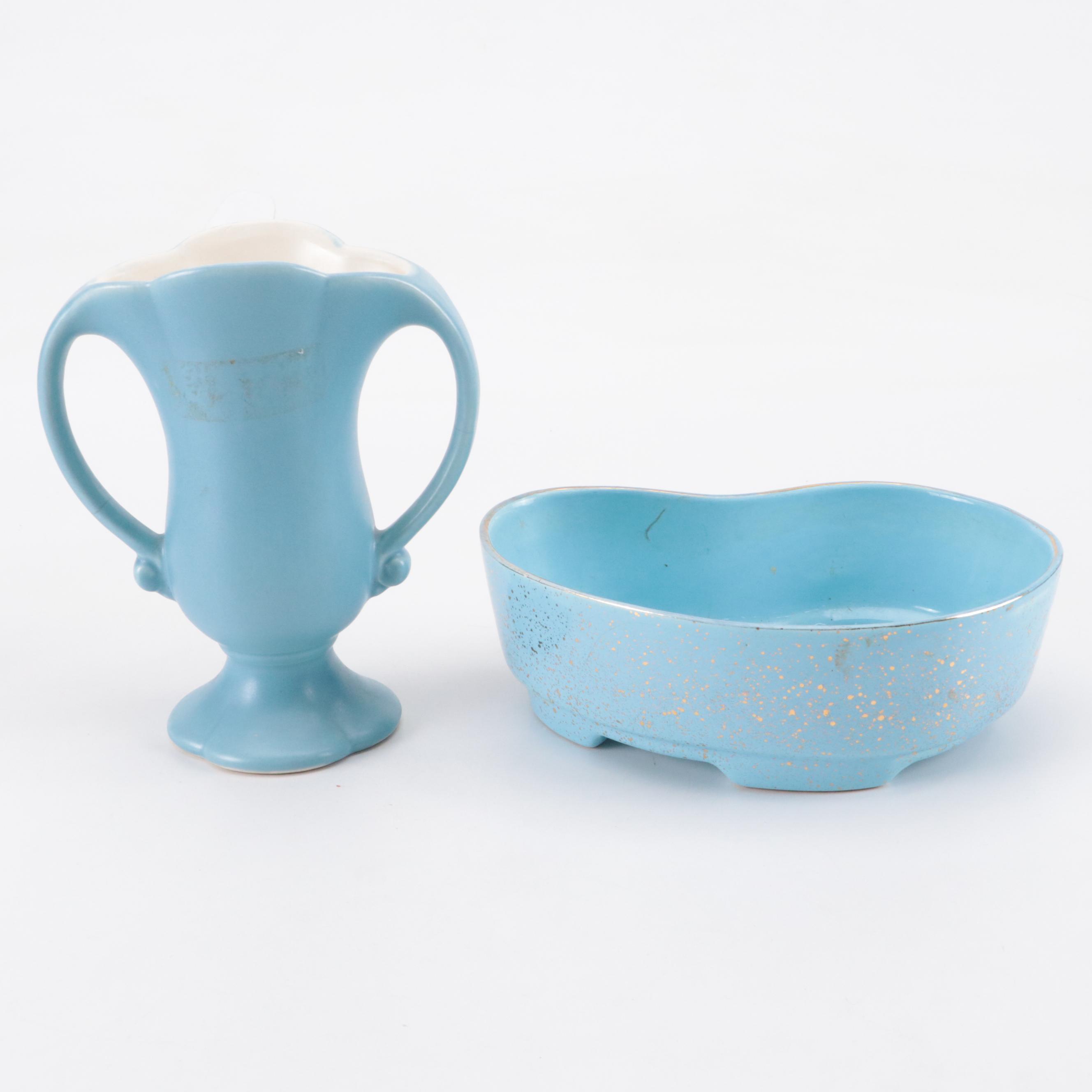 Red Wing Pottery Vase and Candlesticks with Hull Pottery Console Bowl Planter