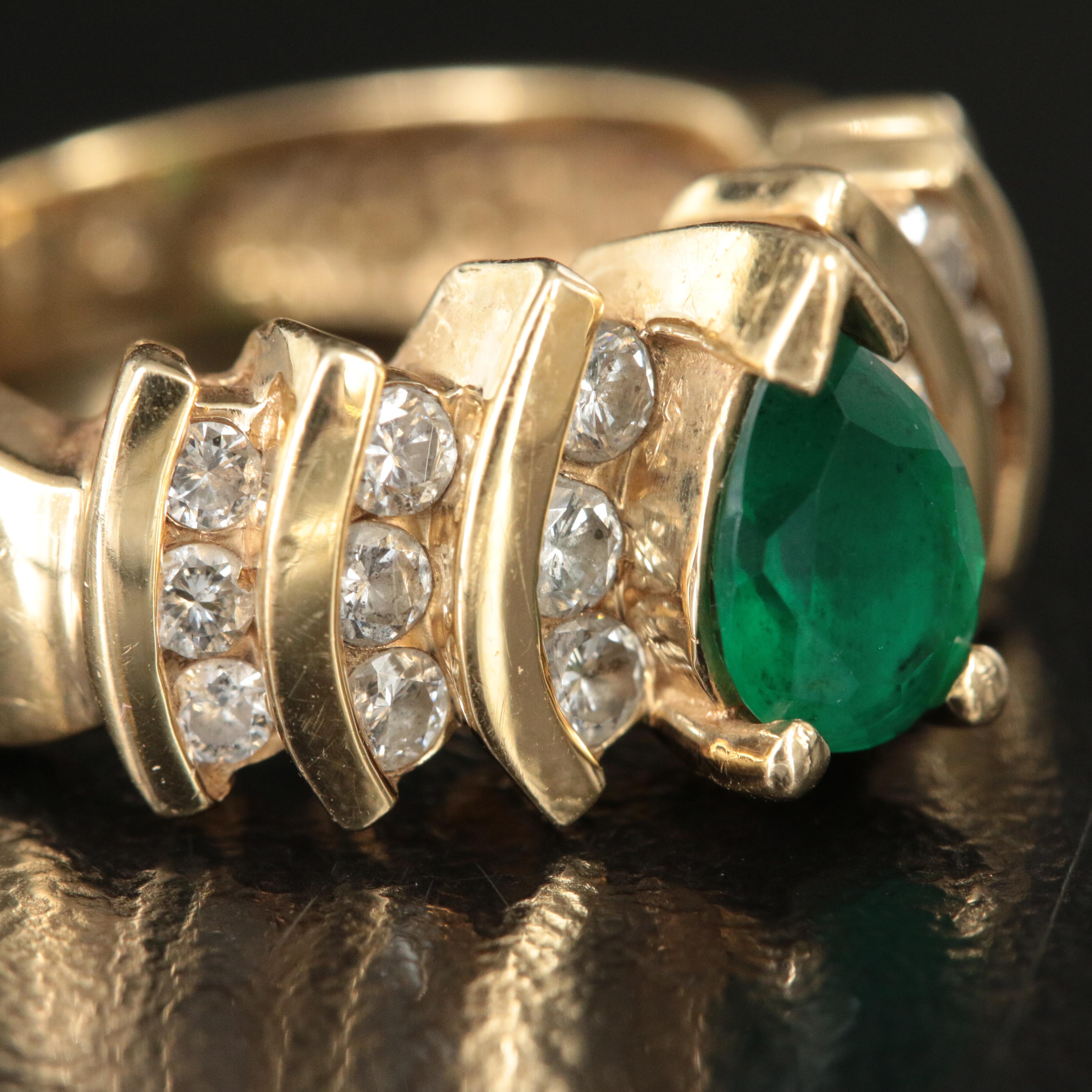 14K Emerald and Diamond Stepped Ring