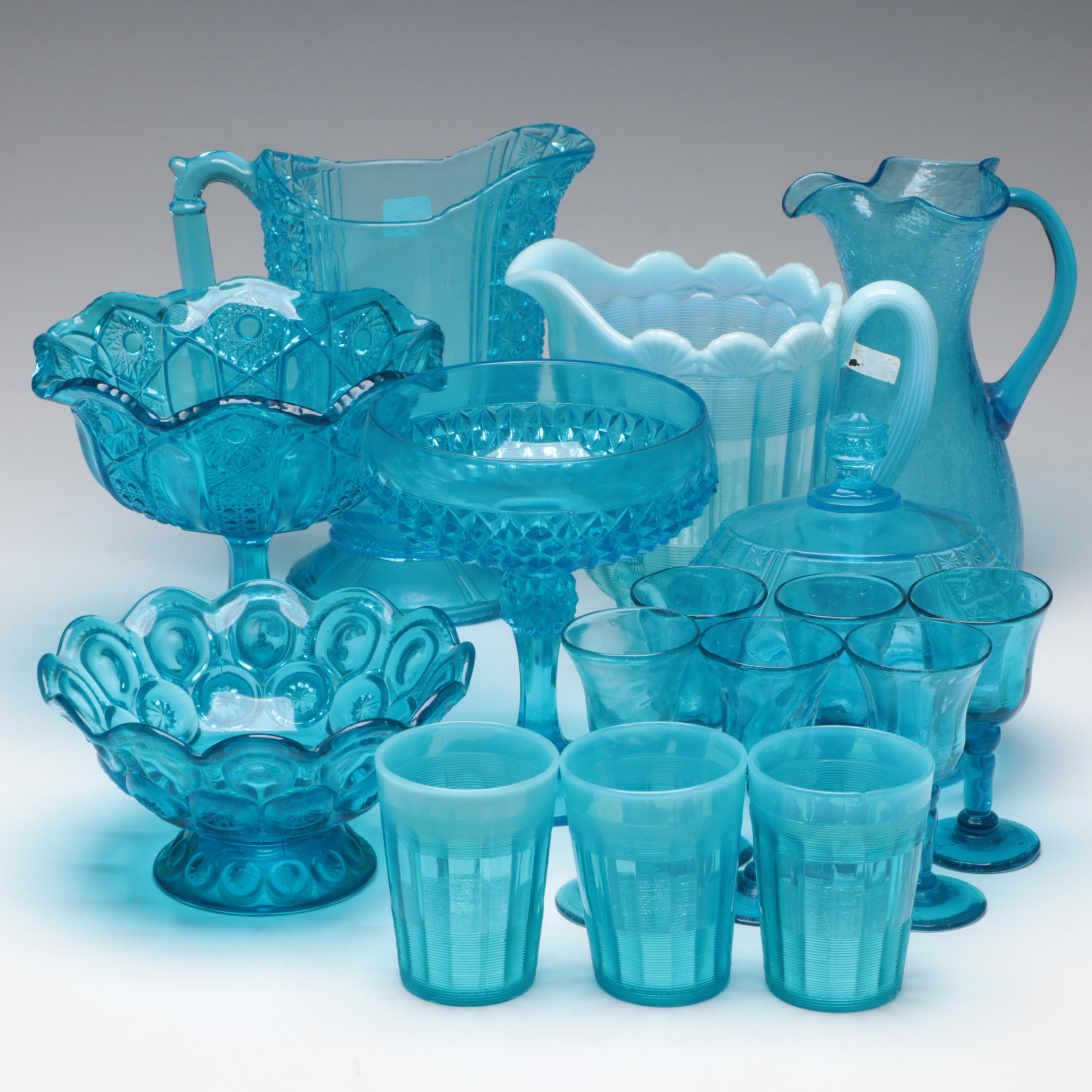 Blue Opalescent, Crackle, and Pressed Glass Pitchers, Compotes, Cups
