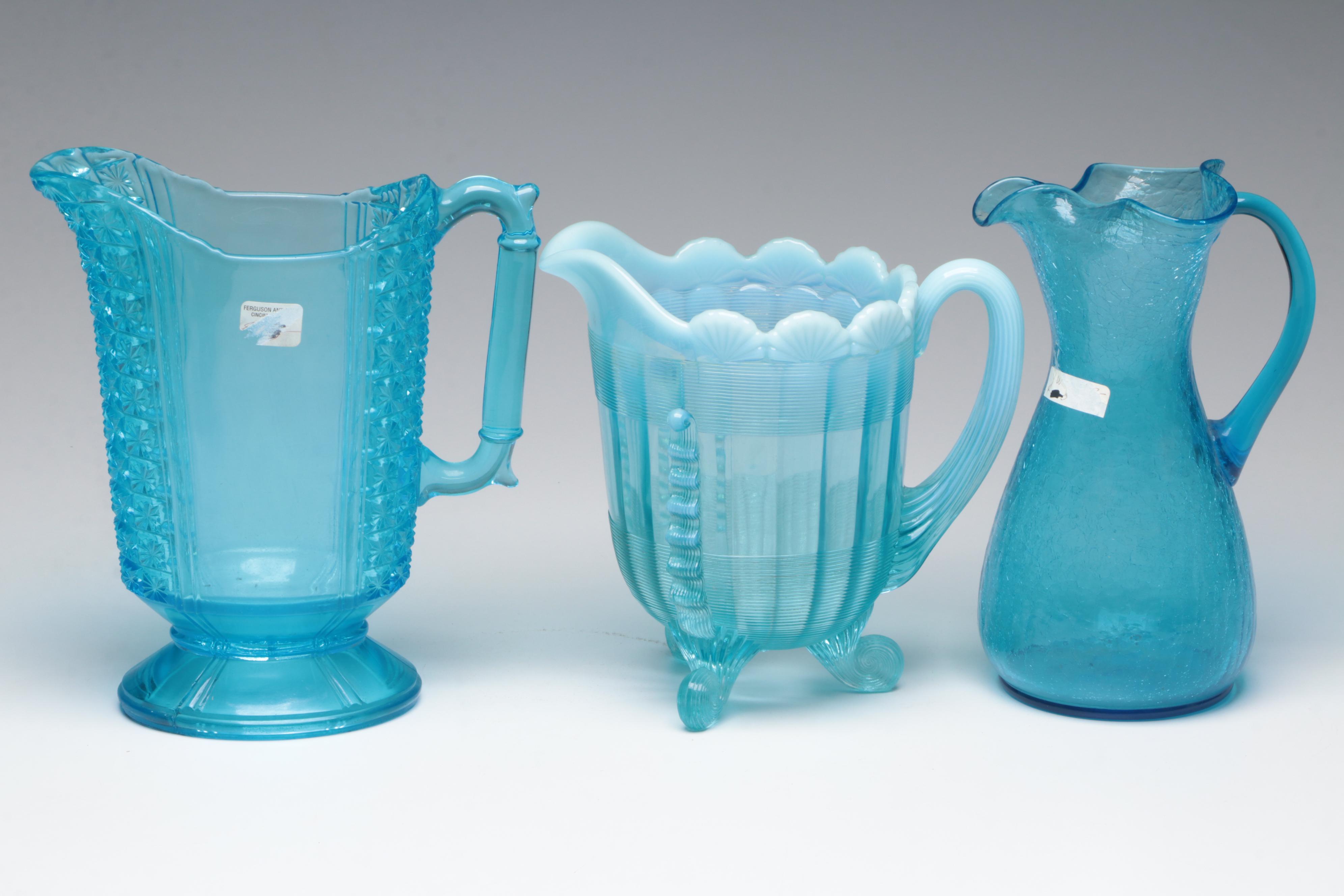 Blue Opalescent, Crackle, and Pressed Glass Pitchers, Compotes, Cups
