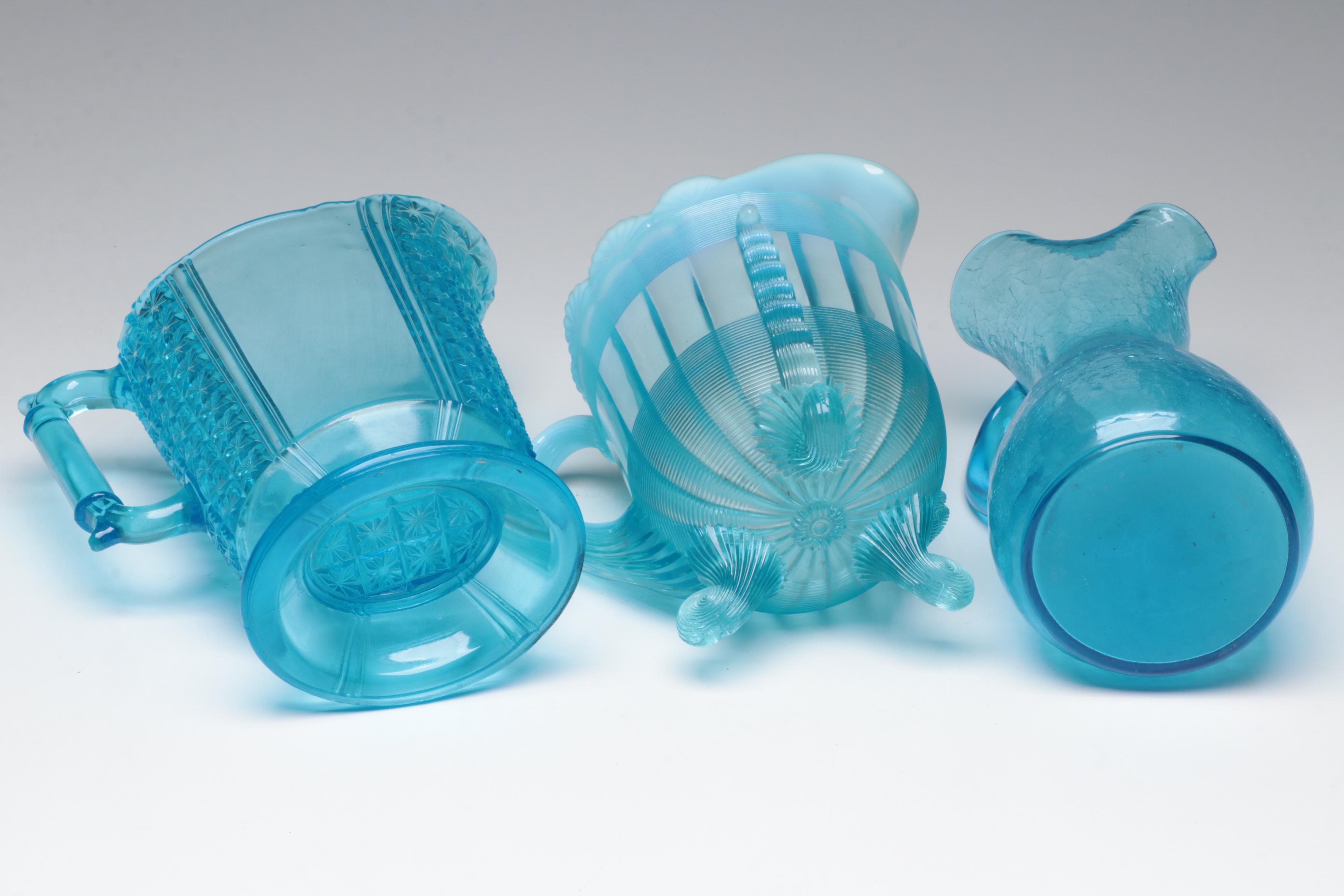 Blue Opalescent, Crackle, and Pressed Glass Pitchers, Compotes, Cups and More