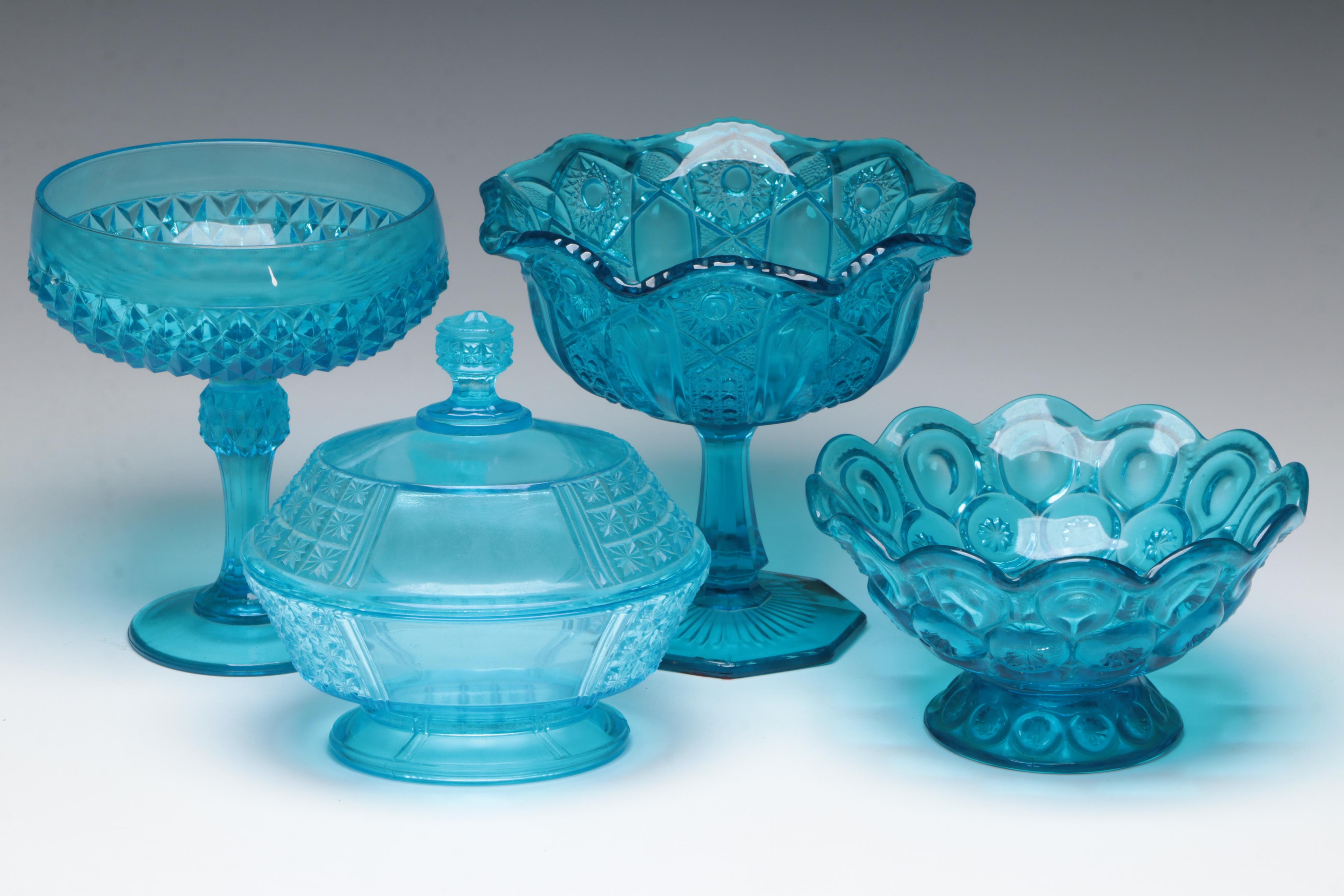 Blue Opalescent, Crackle, and Pressed Glass Pitchers, Compotes, Cups and More