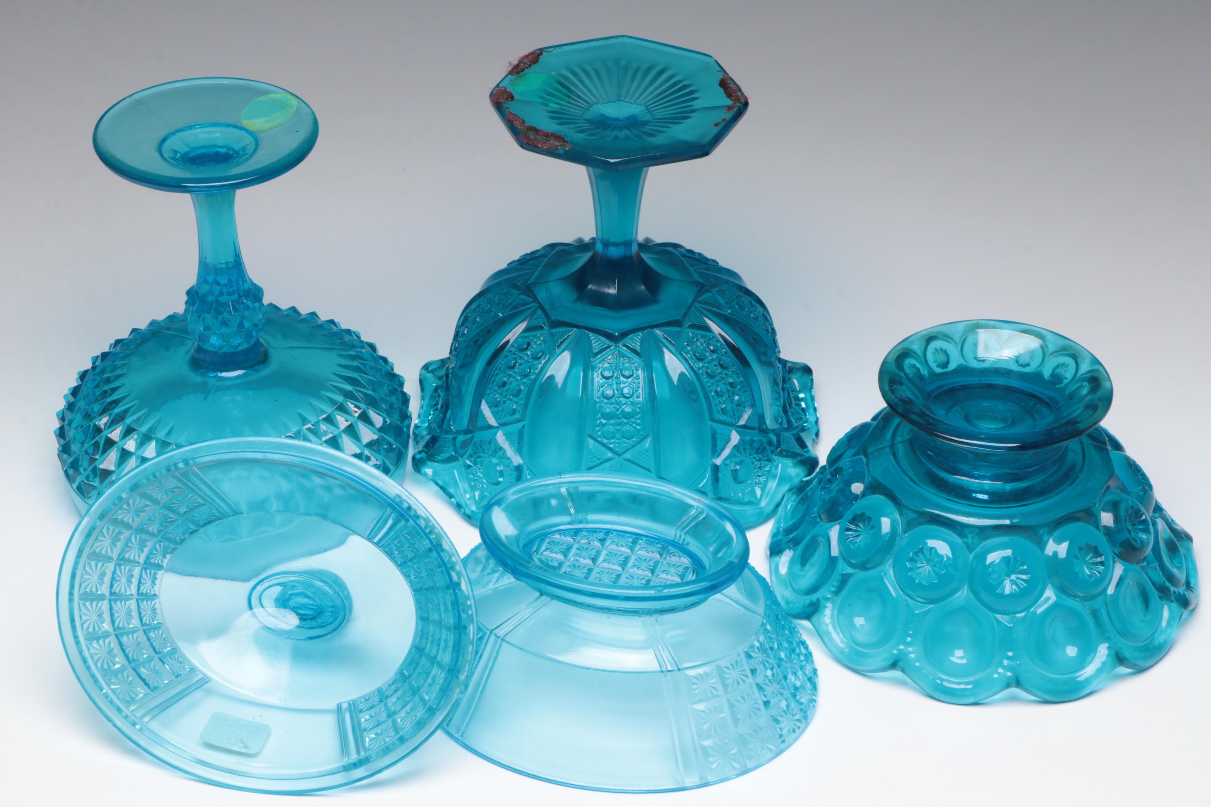Blue Opalescent, Crackle, and Pressed Glass Pitchers, Compotes, Cups