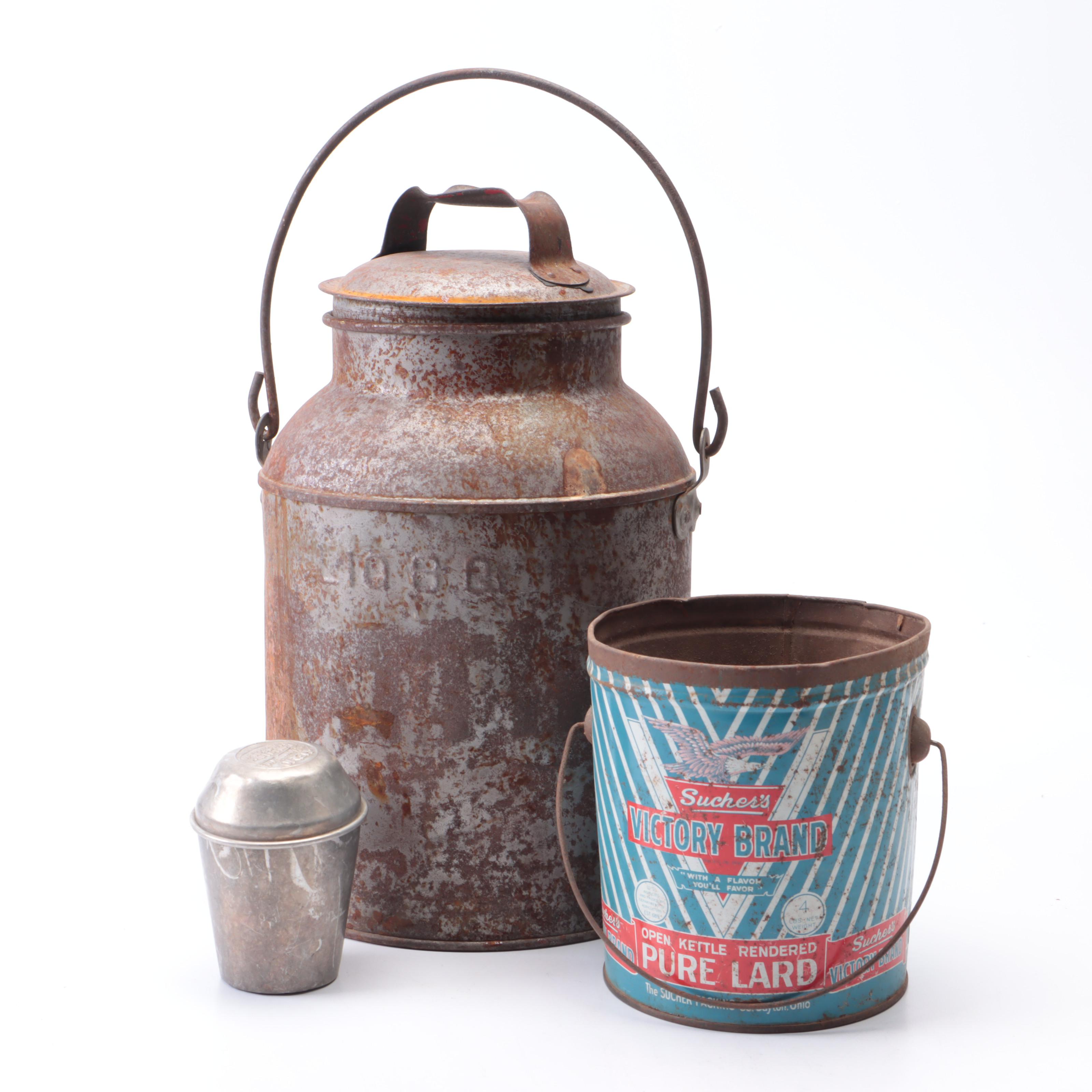 Galvanized Milk Can with Sucher's Victory Brand Pure Lard Bucket and Shaker