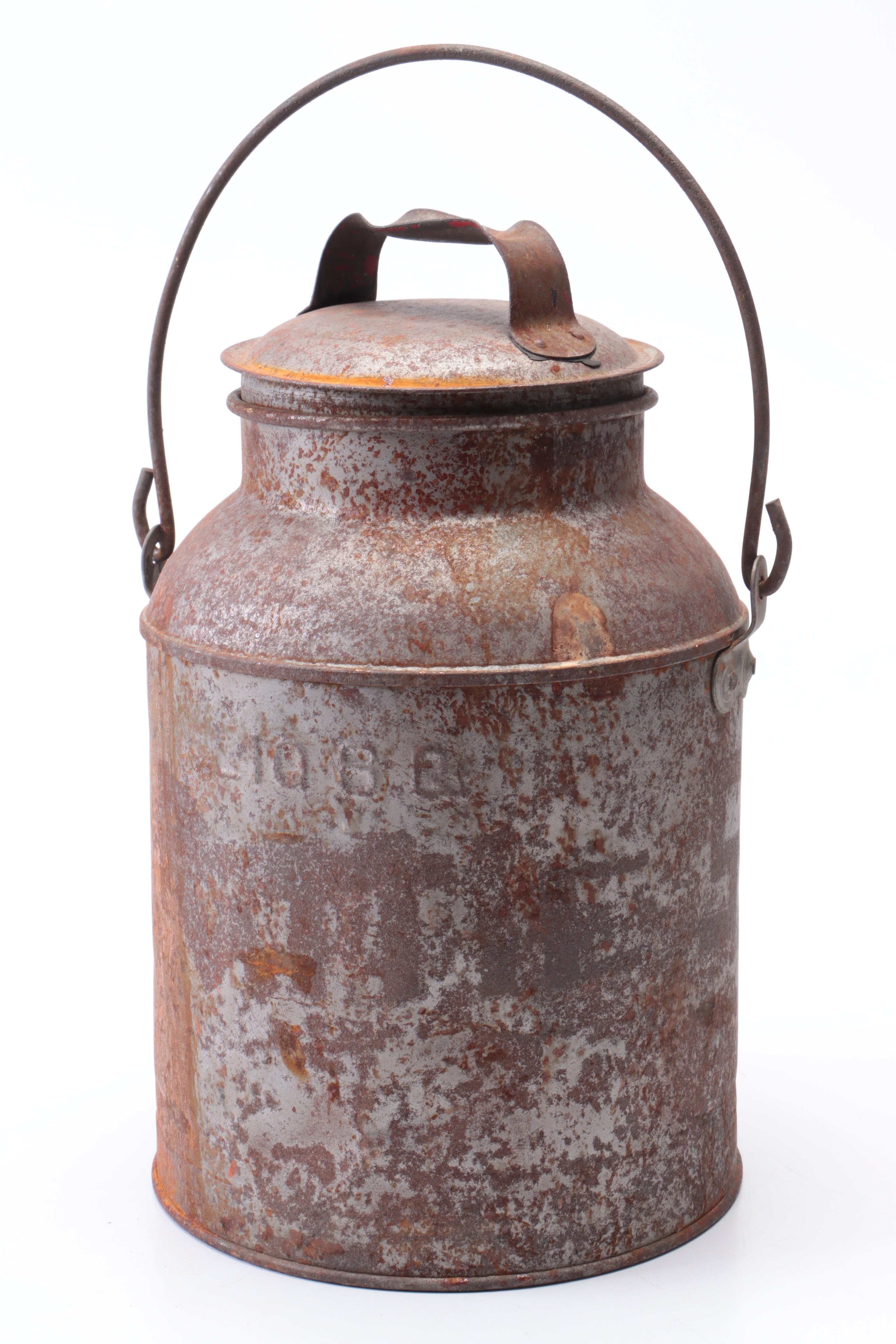Galvanized Milk Can with Sucher's Victory Brand Pure Lard Bucket and Shaker
