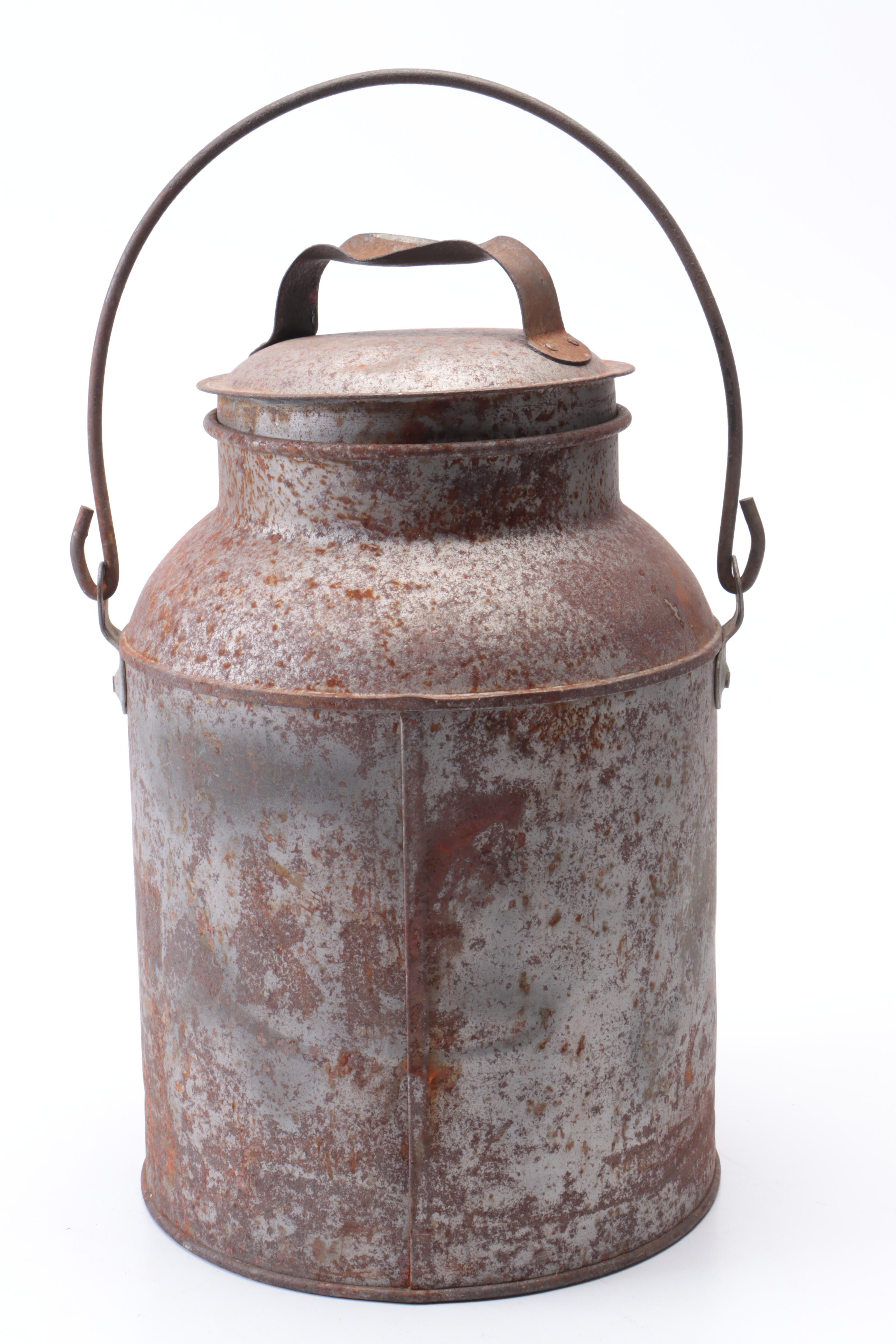 Galvanized Milk Can with Sucher's Victory Brand Pure Lard Bucket and Shaker