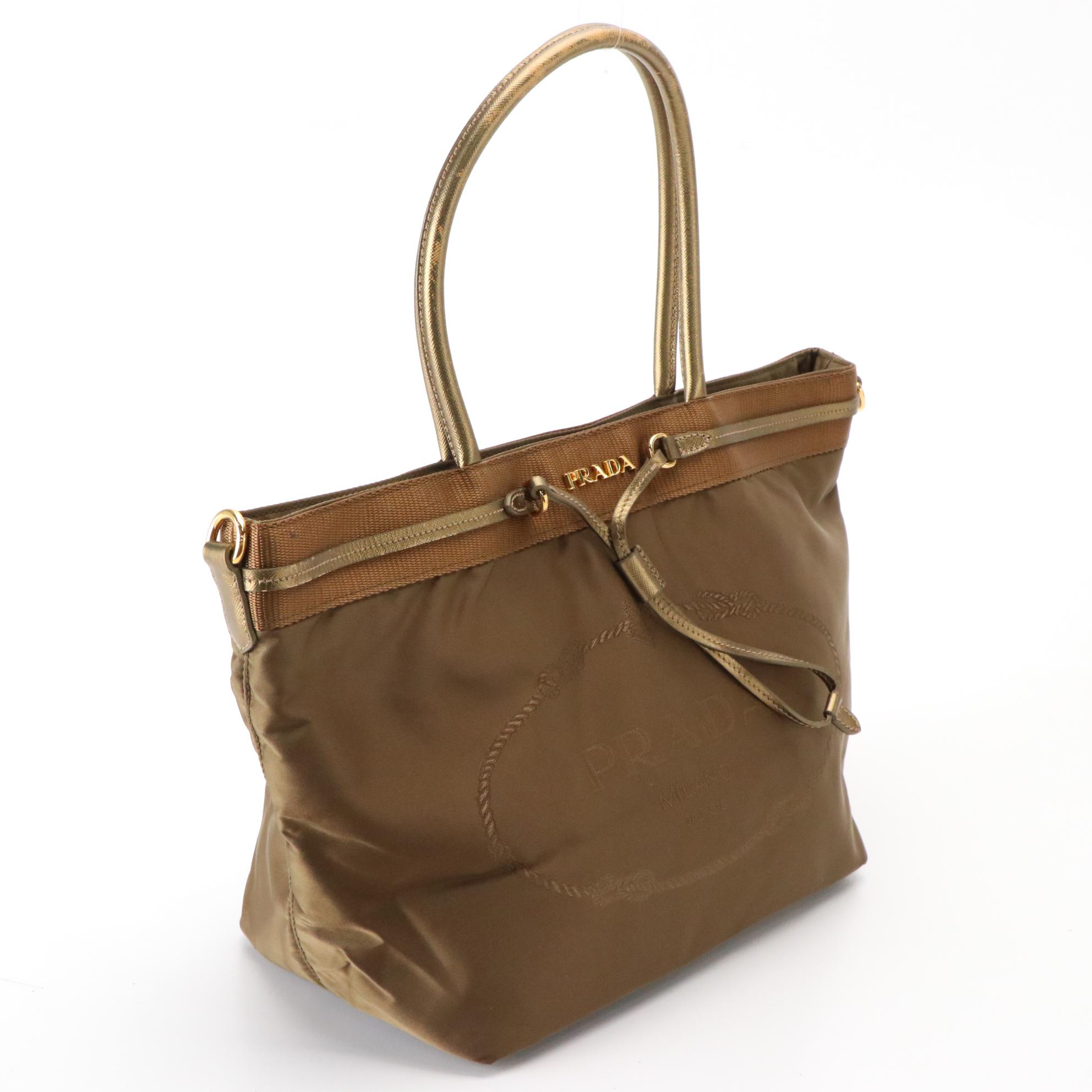 Prada Tote BN1755 in Logo Nylon Jacquard with Metallic Saffiano Leather Trim