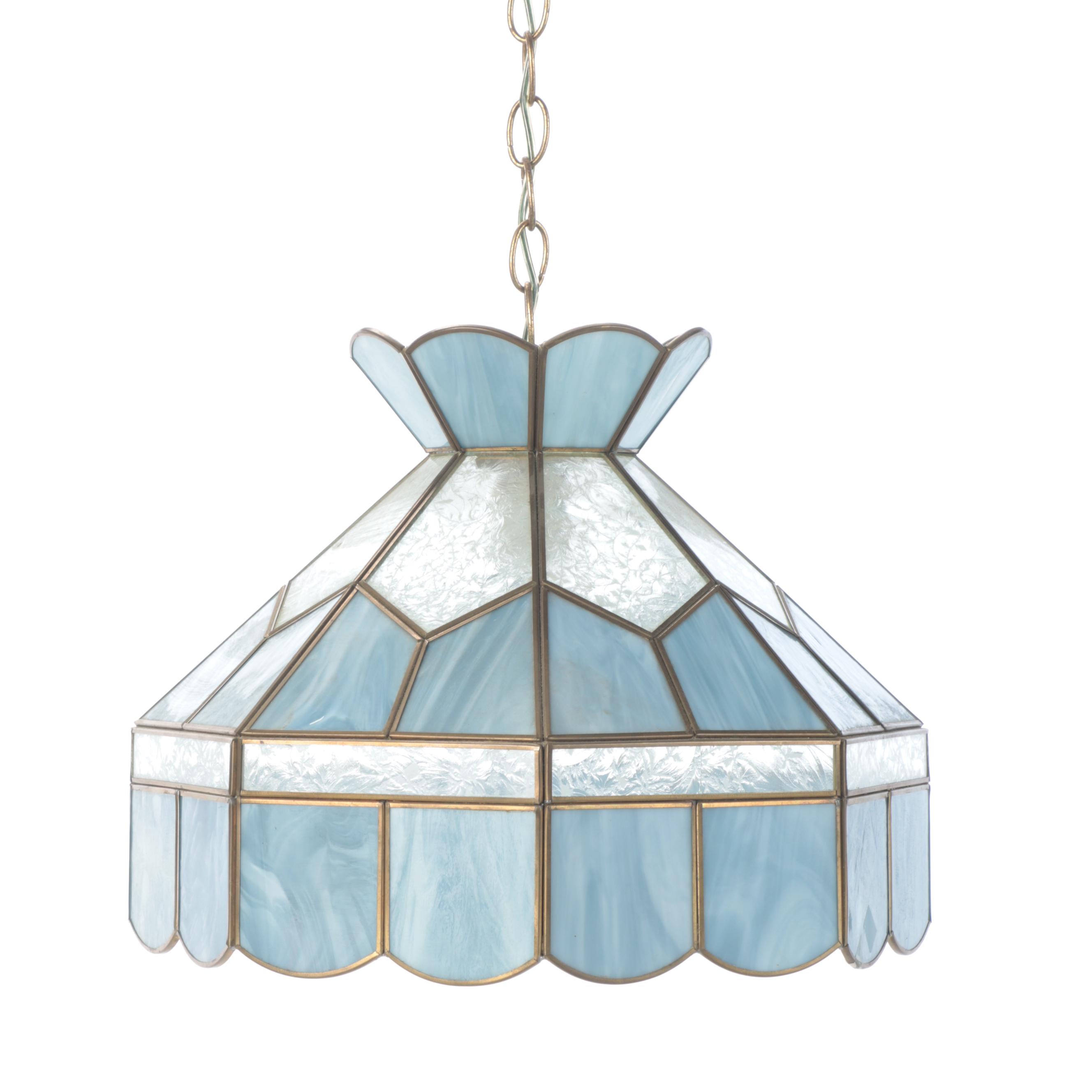 Blue Slag Glass and Metal Pendant Light