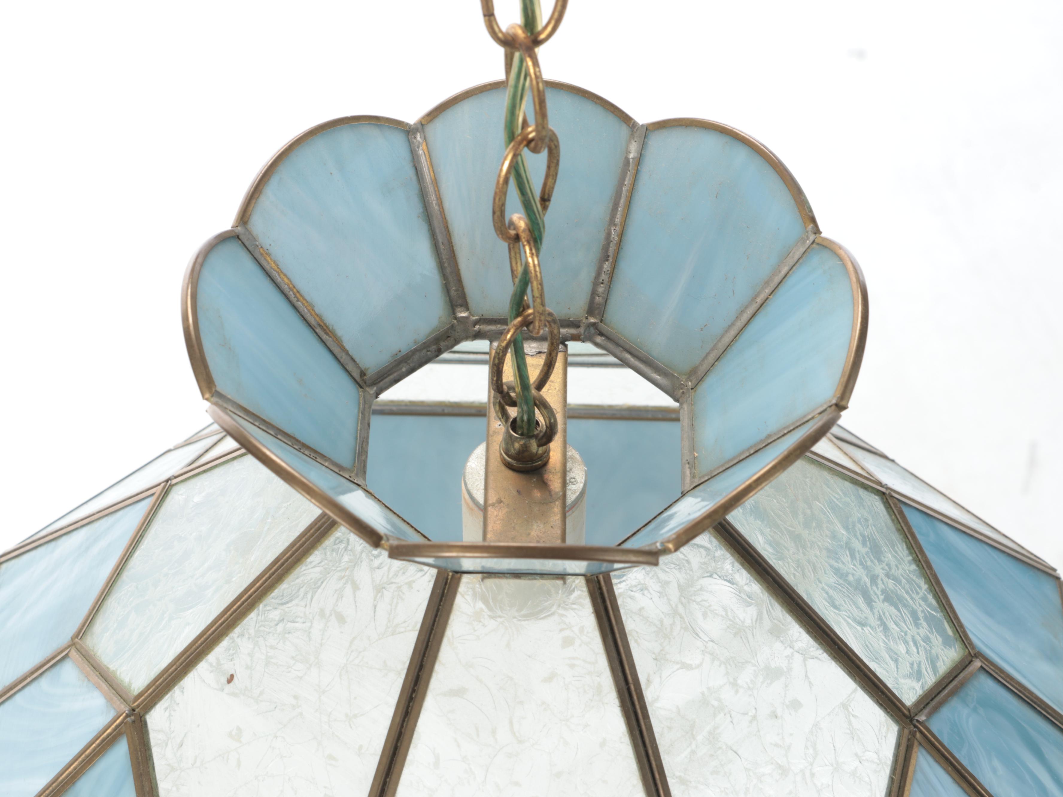 Blue Slag Glass and Metal Pendant Light