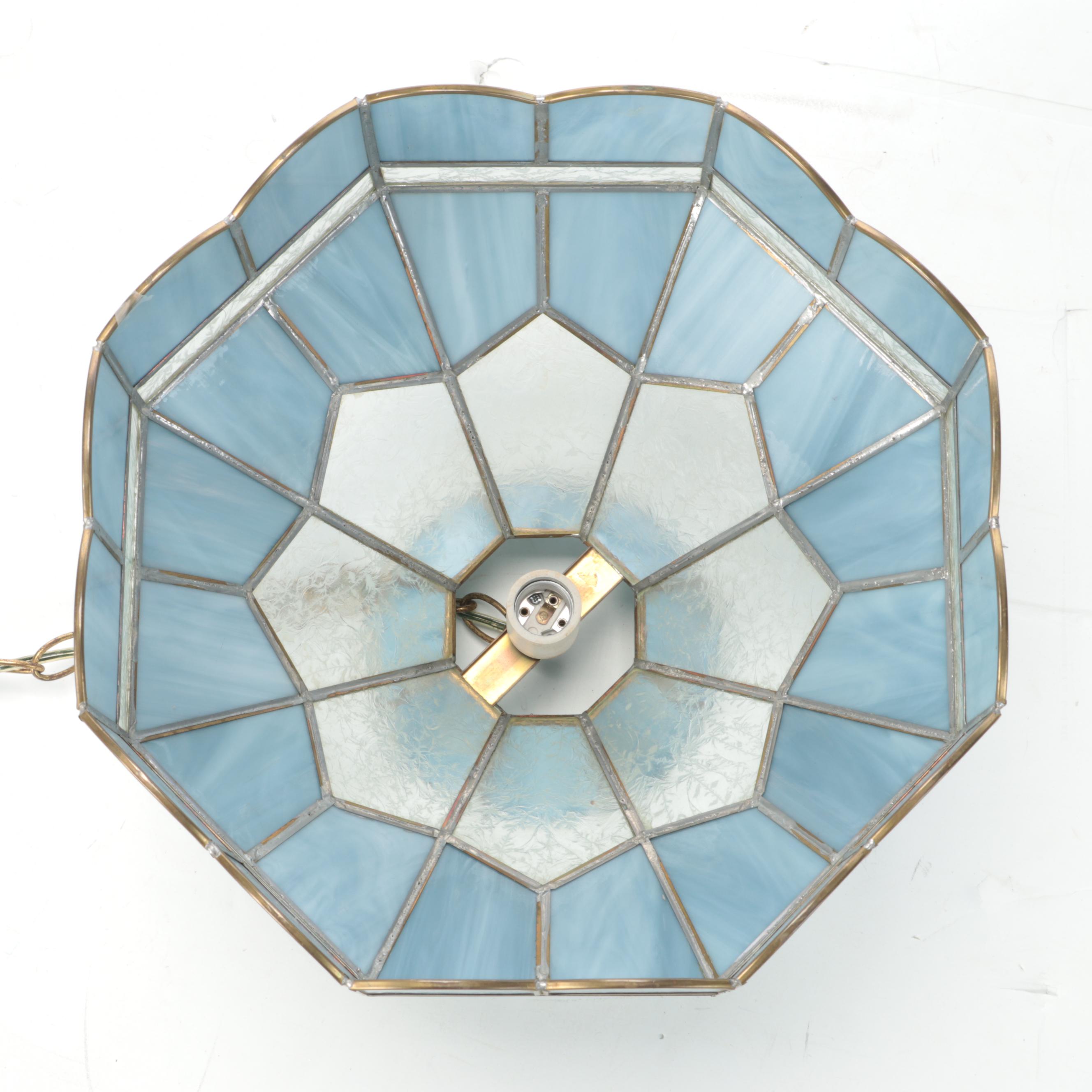 Blue Slag Glass and Metal Pendant Light