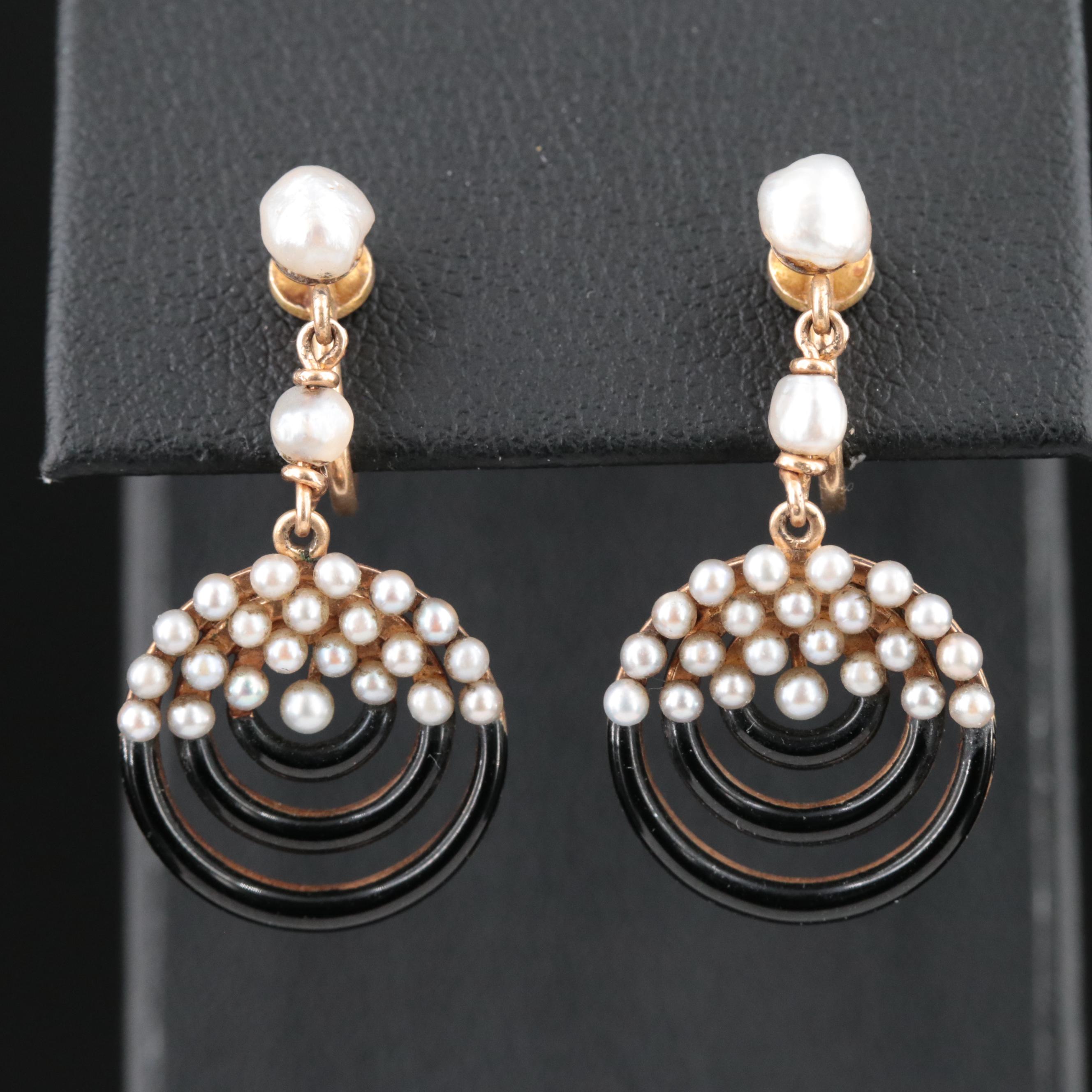 14K Pearl and Enamel Earrings