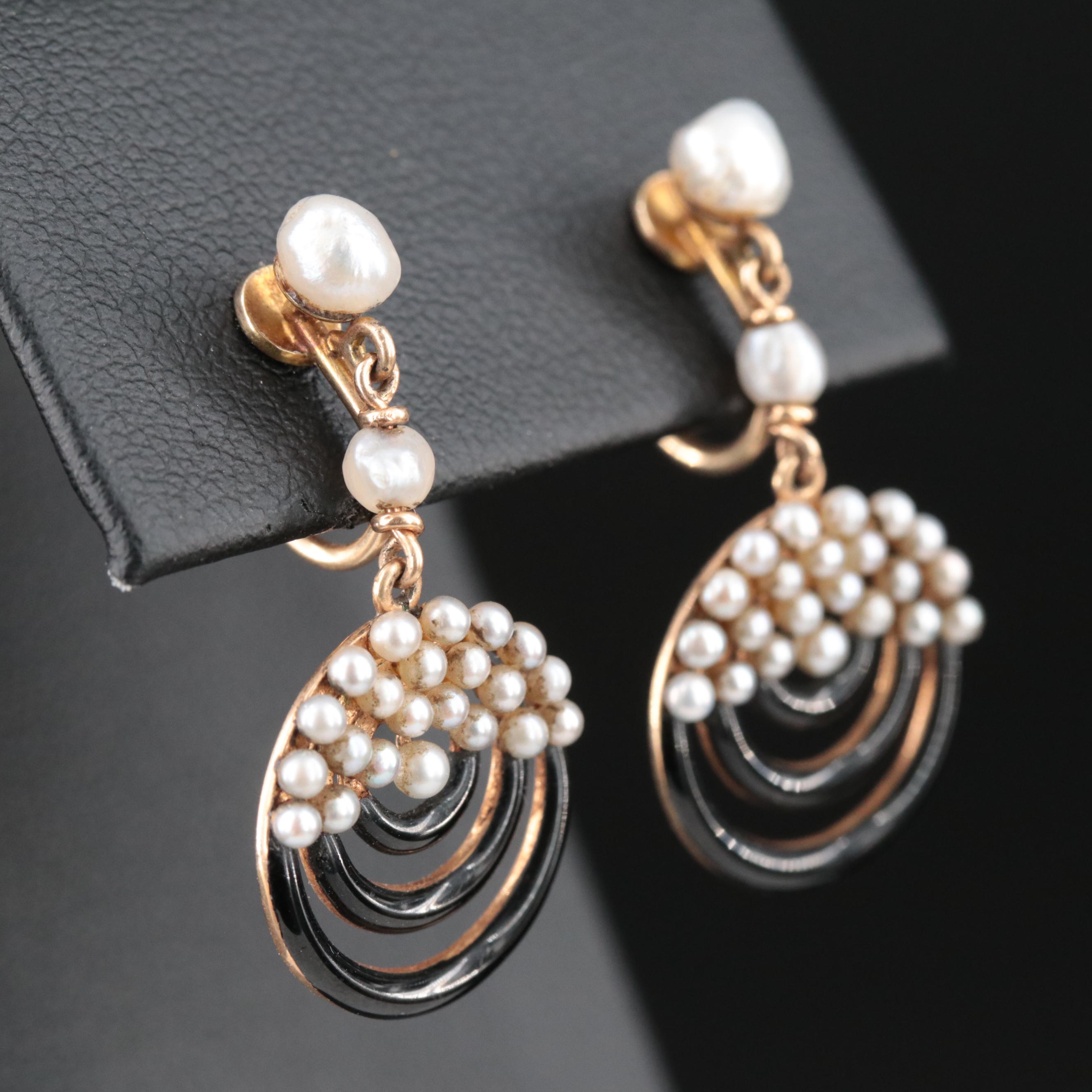 14K Pearl and Enamel Earrings