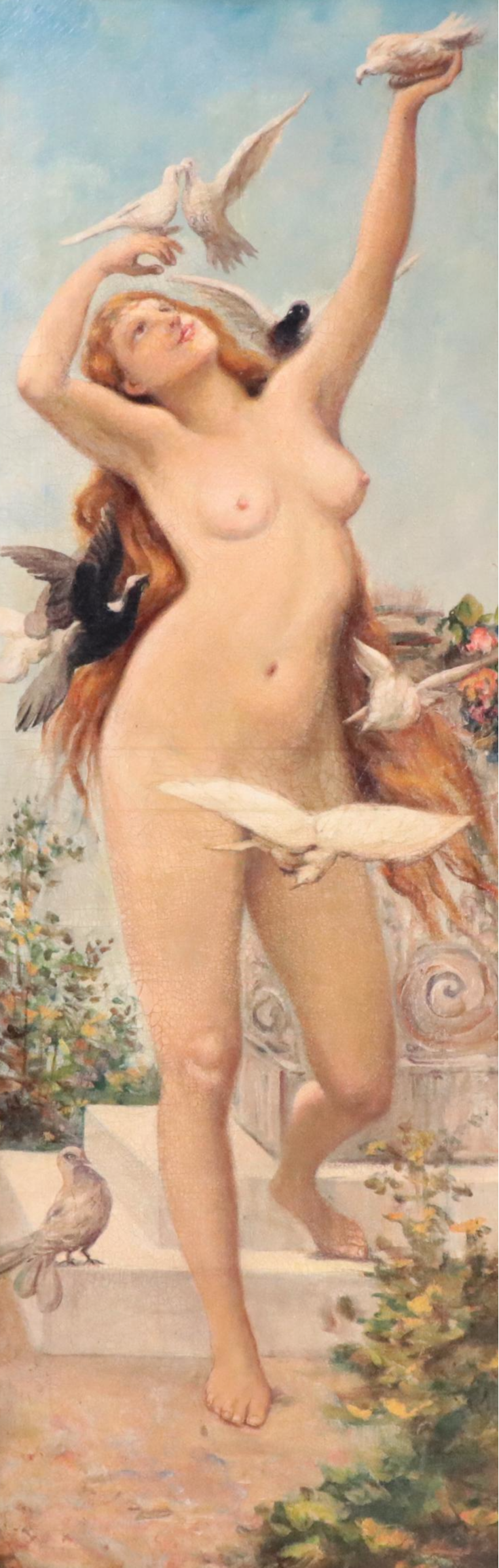 Oil Painting After a European Lithograph of Aphrodite with Doves, 19th Century