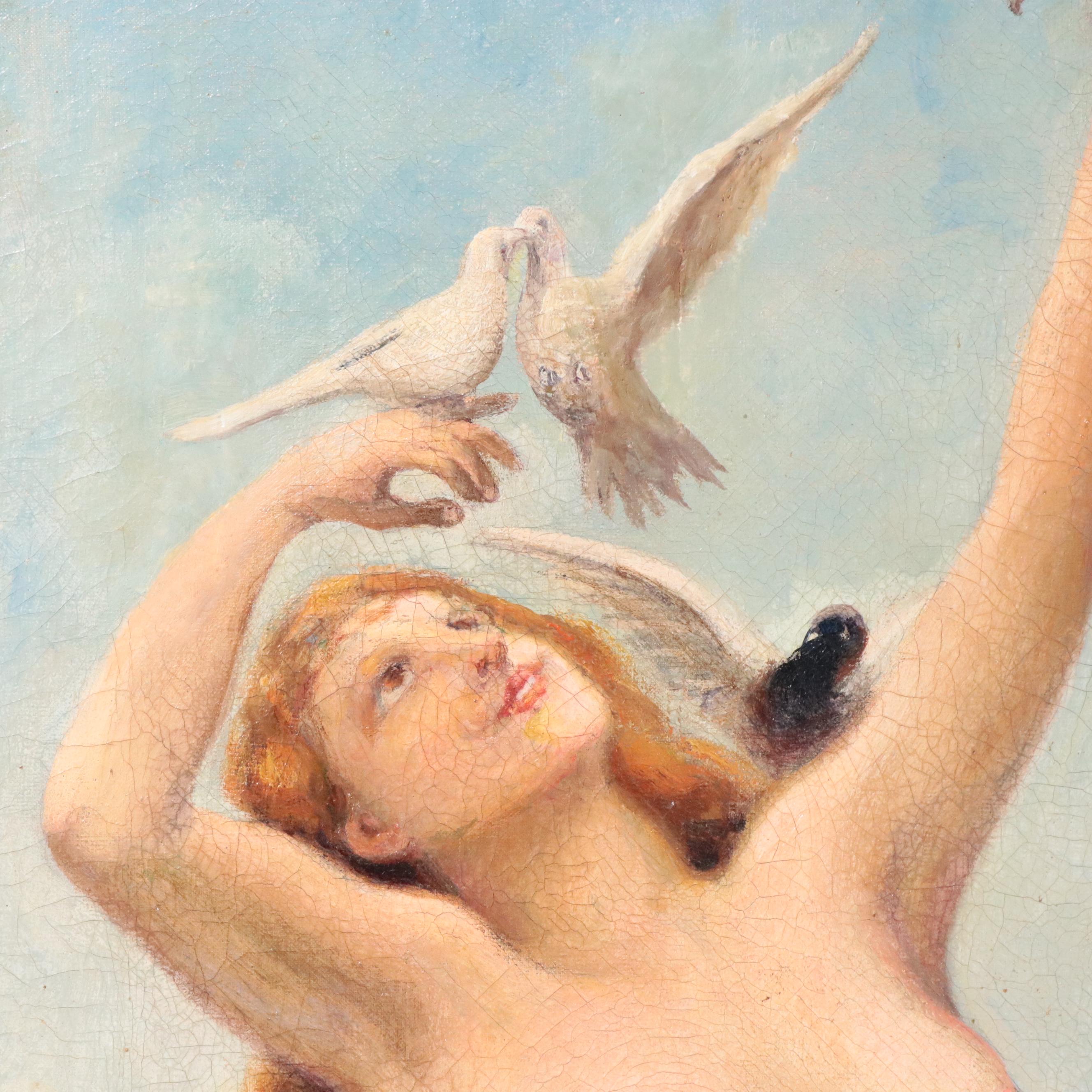 Oil Painting After a European Lithograph of Aphrodite with Doves, 19th Century