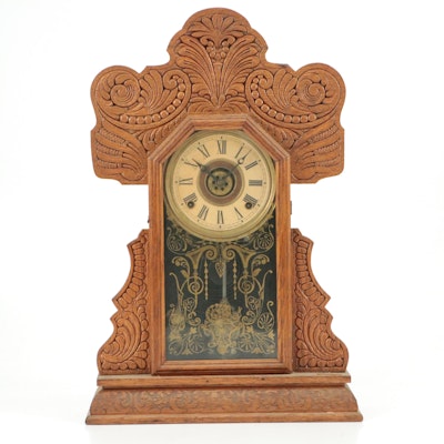 E. Ingraham Co. Victorian Pressed Oak Gingerbread Mantel Clock
