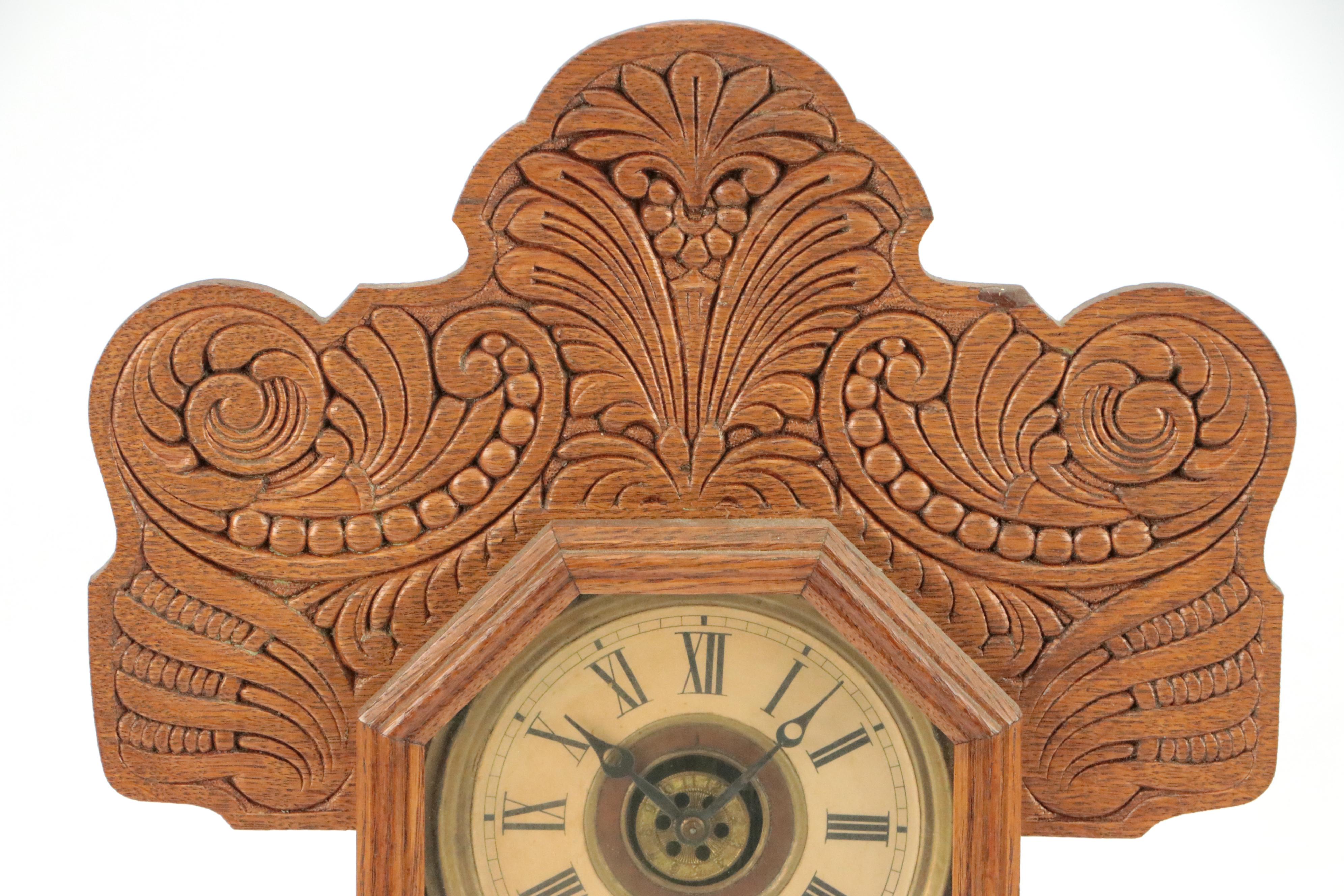 E. Ingraham Co. Victorian Pressed Oak Gingerbread Mantel Clock