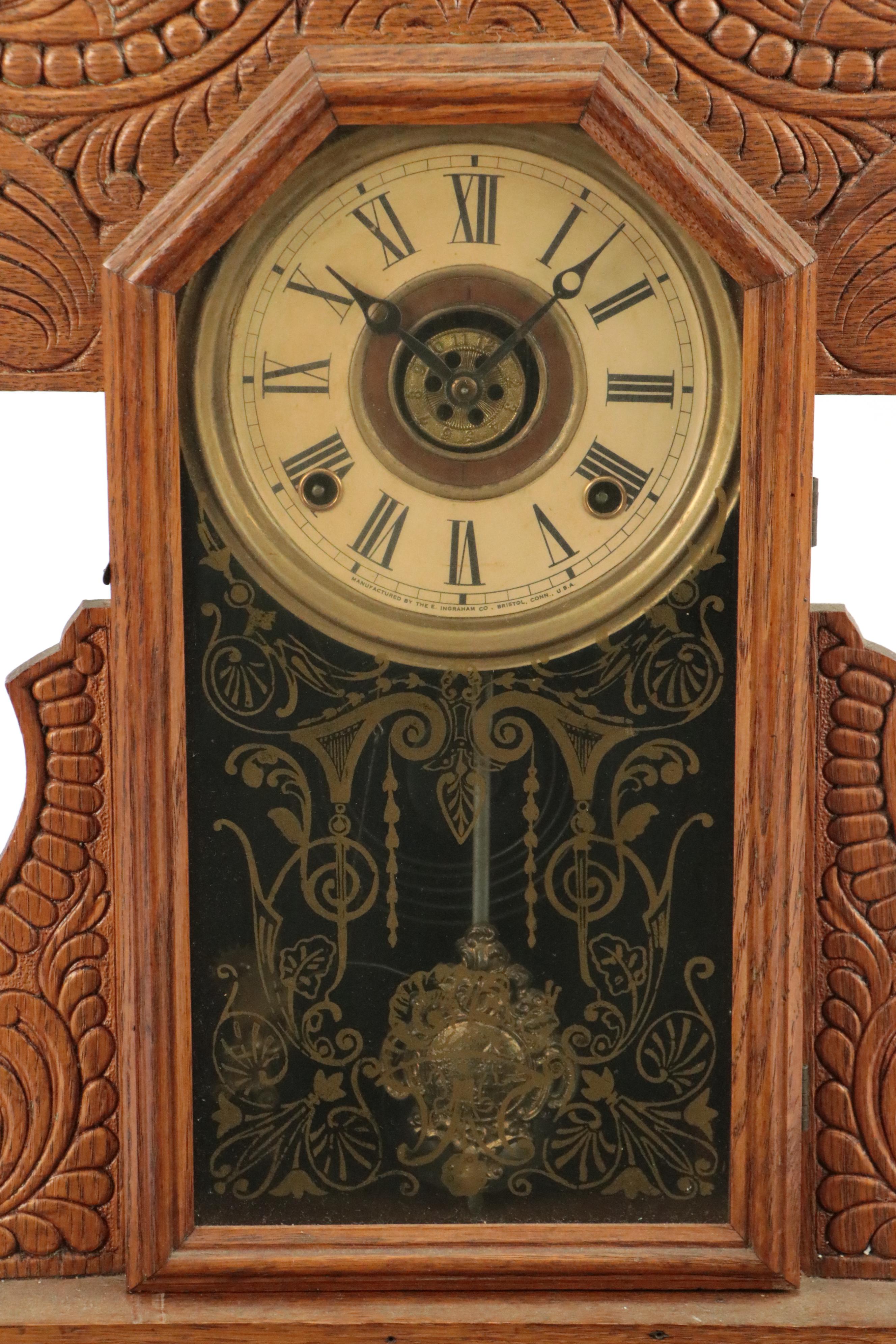 E. Ingraham Co. Victorian Pressed Oak Gingerbread Mantel Clock