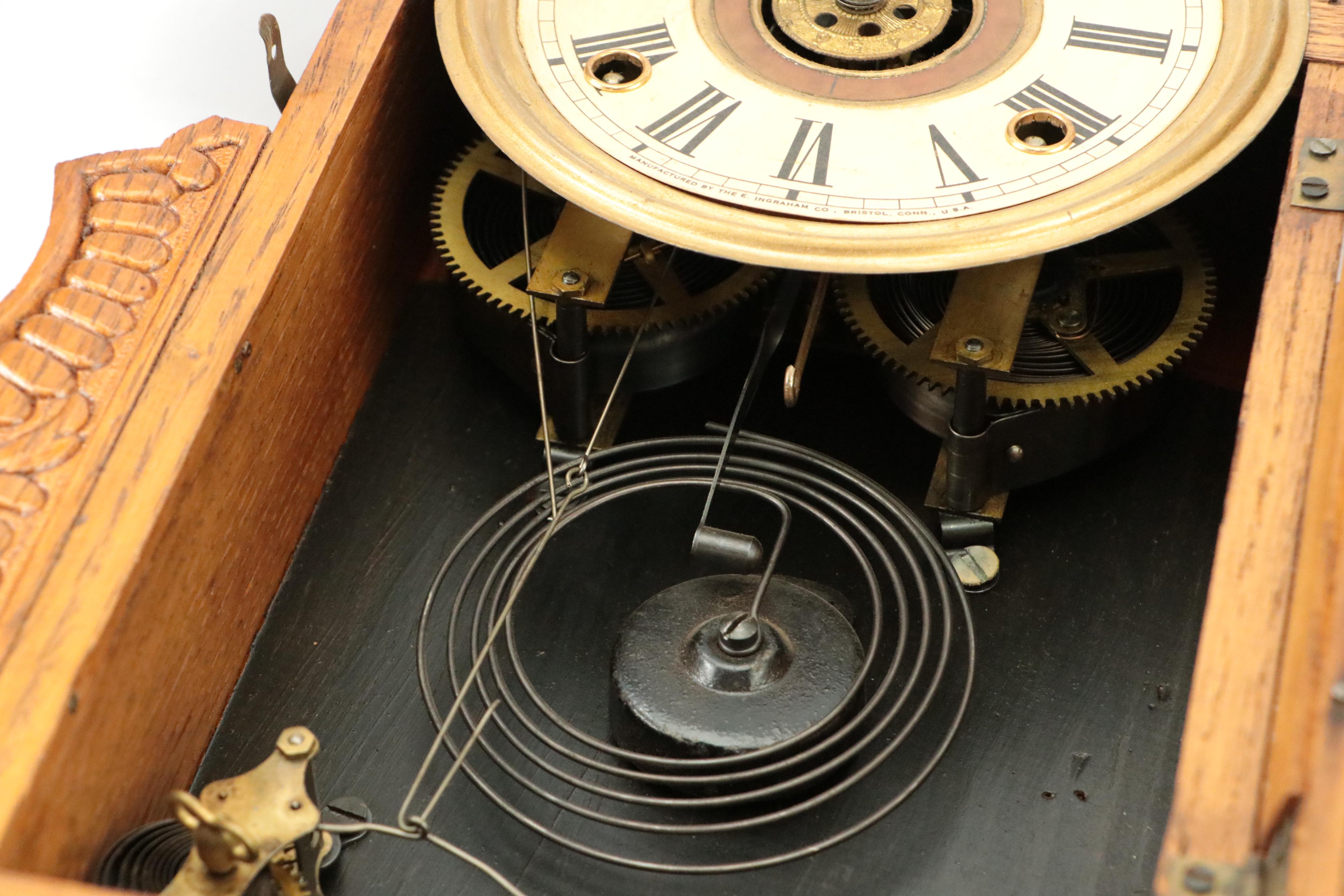 E. Ingraham Co. Victorian Pressed Oak Gingerbread Mantel Clock