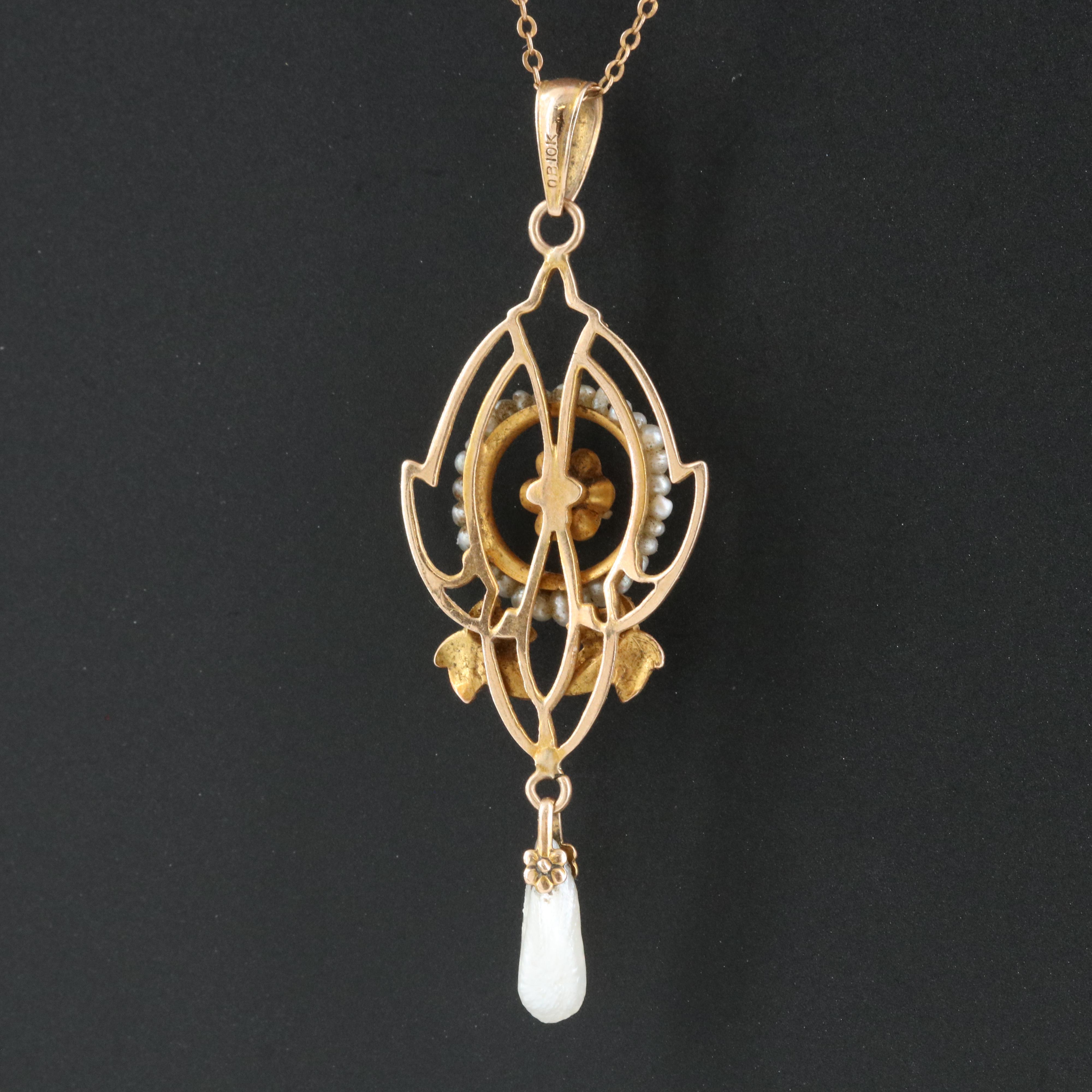 Antique Ostby & Barton 10K Ruby, Seed Pearl and Pearl Lavalier Necklace