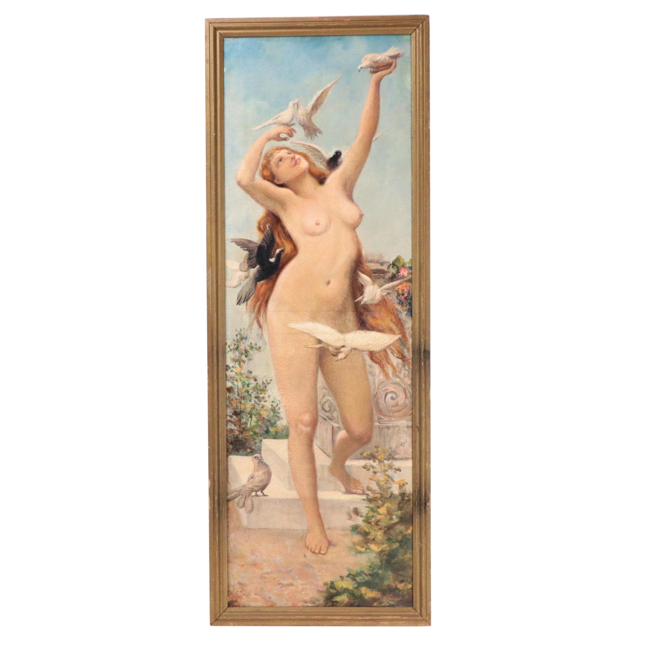 Oil Painting After a European Lithograph of Aphrodite with Doves, 19th Century