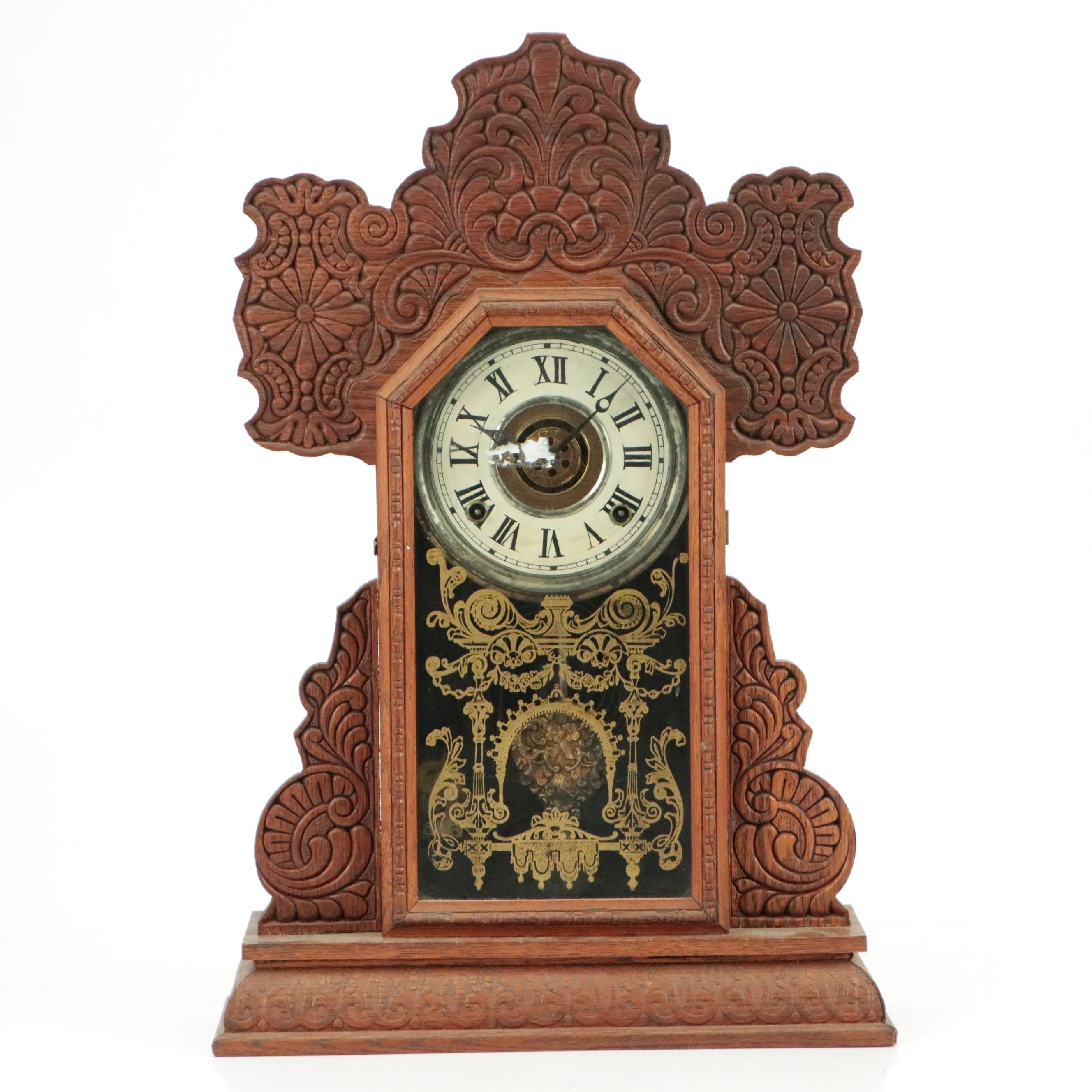 E. Ingraham Co. Victorian Pressed Oak Gingerbread Mantel Clock