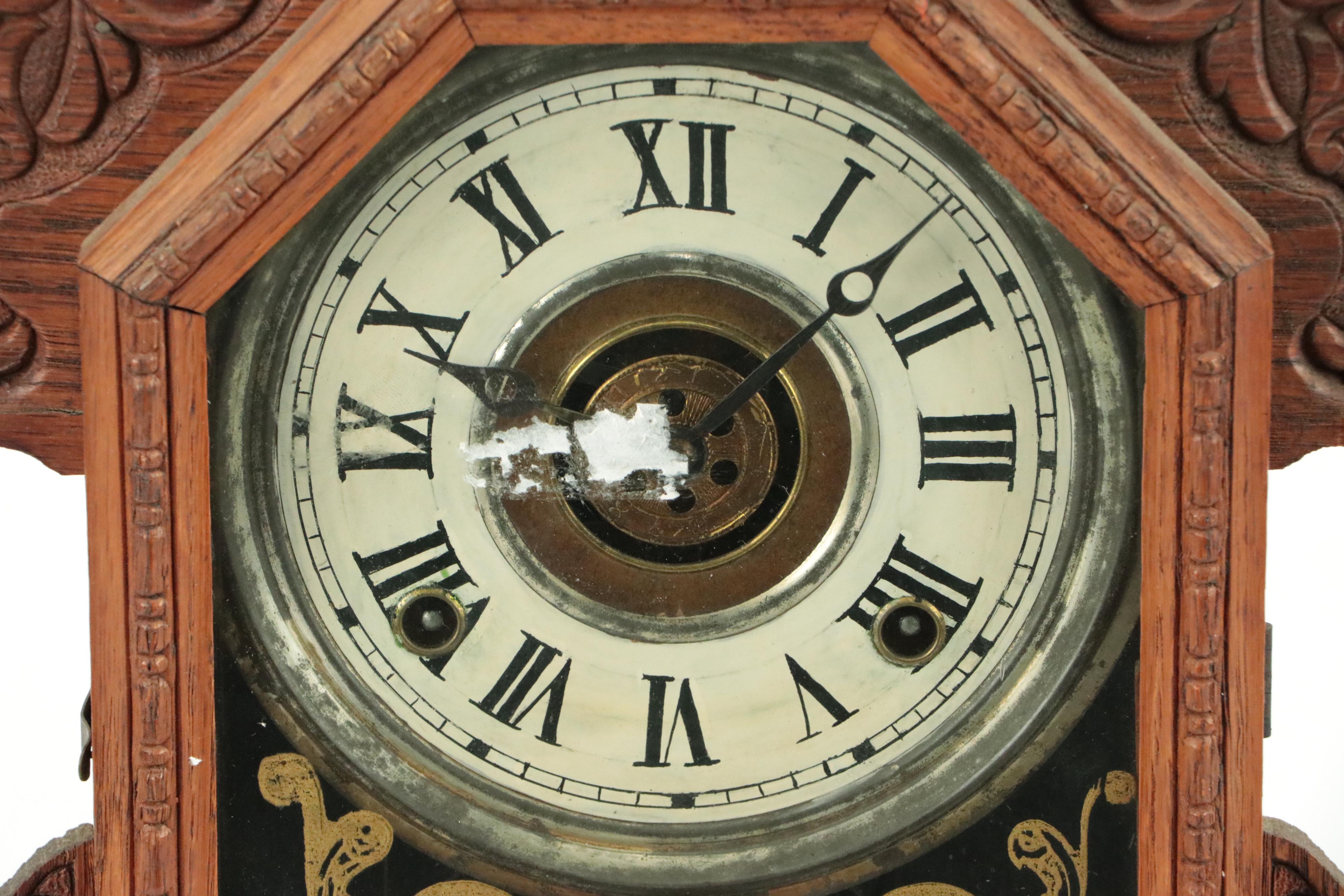 E. Ingraham Co. Victorian Pressed Oak Gingerbread Mantel Clock