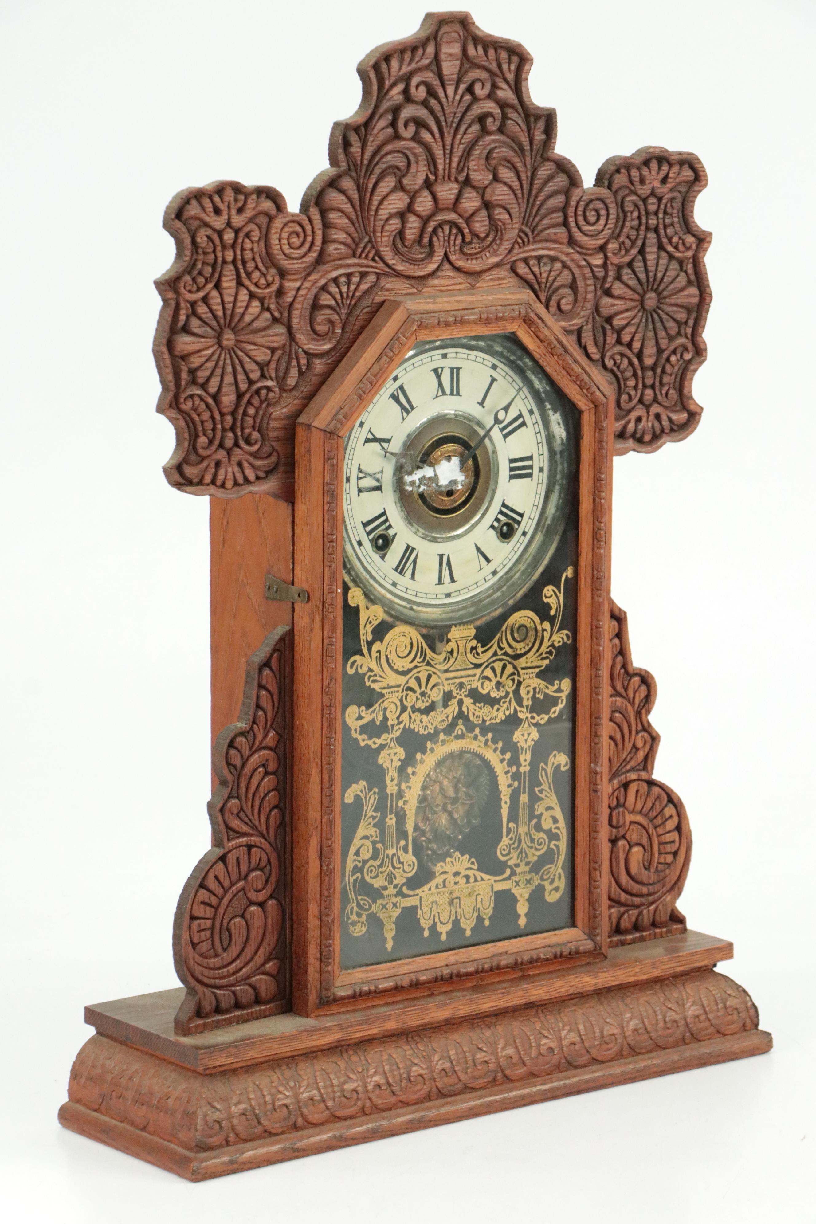 E. Ingraham Co. Victorian Pressed Oak Gingerbread Mantel Clock