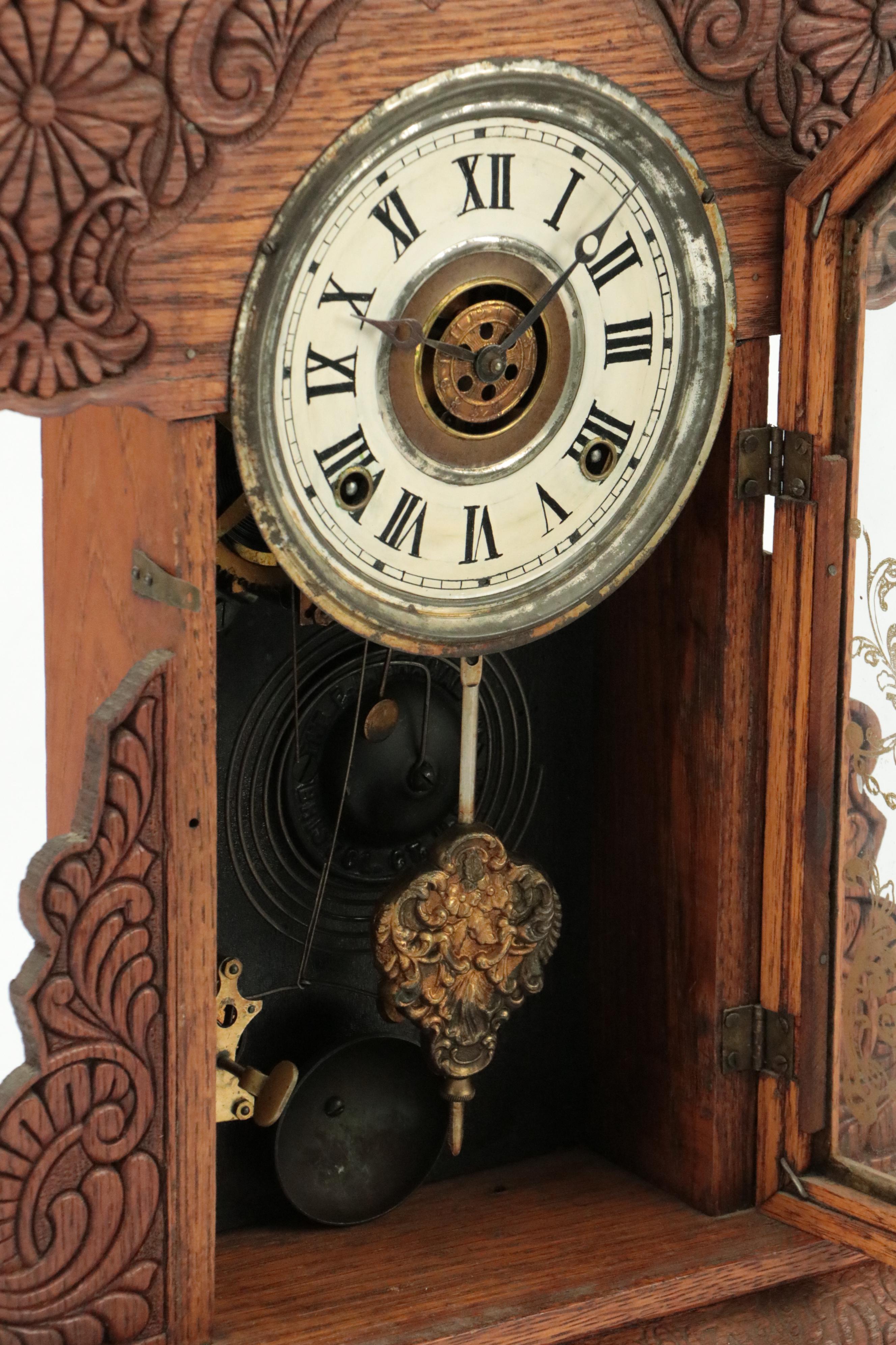 E. Ingraham Co. Victorian Pressed Oak Gingerbread Mantel Clock