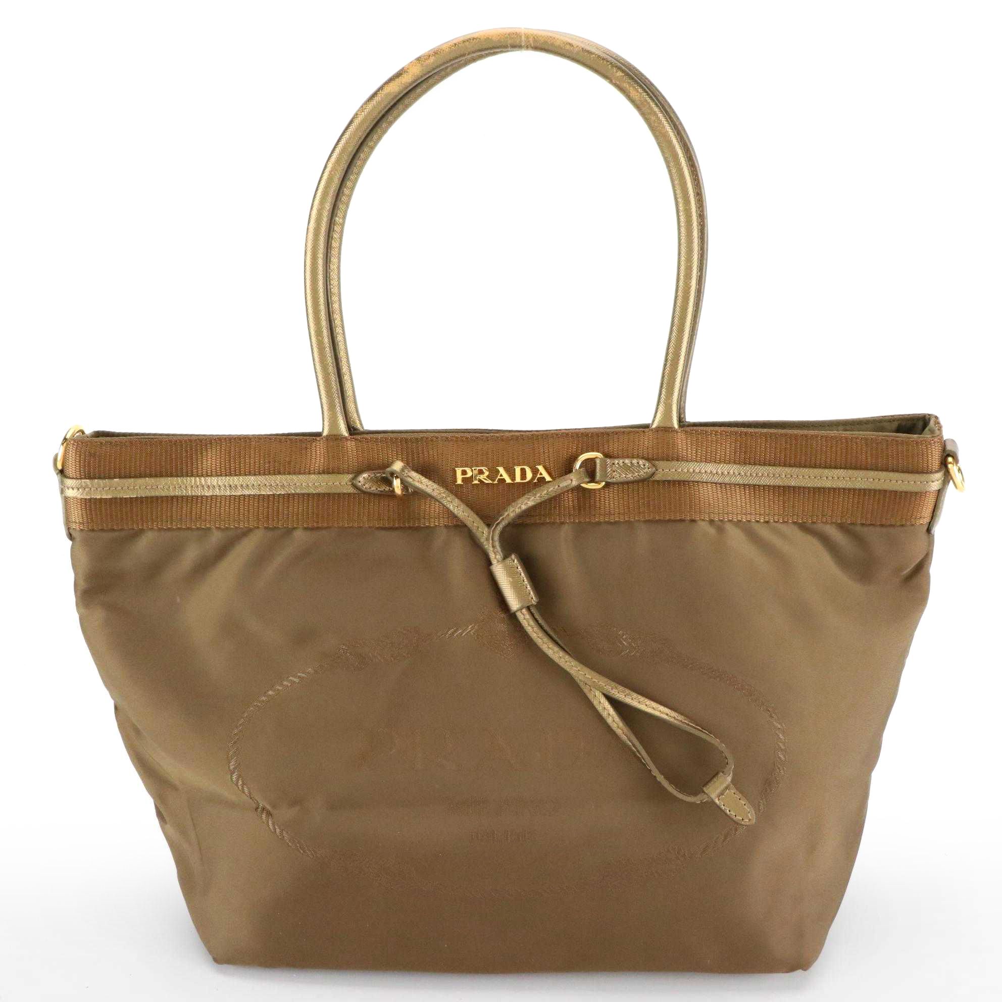 Prada Tote BN1755 in Logo Nylon Jacquard with Metallic Saffiano Leather Trim