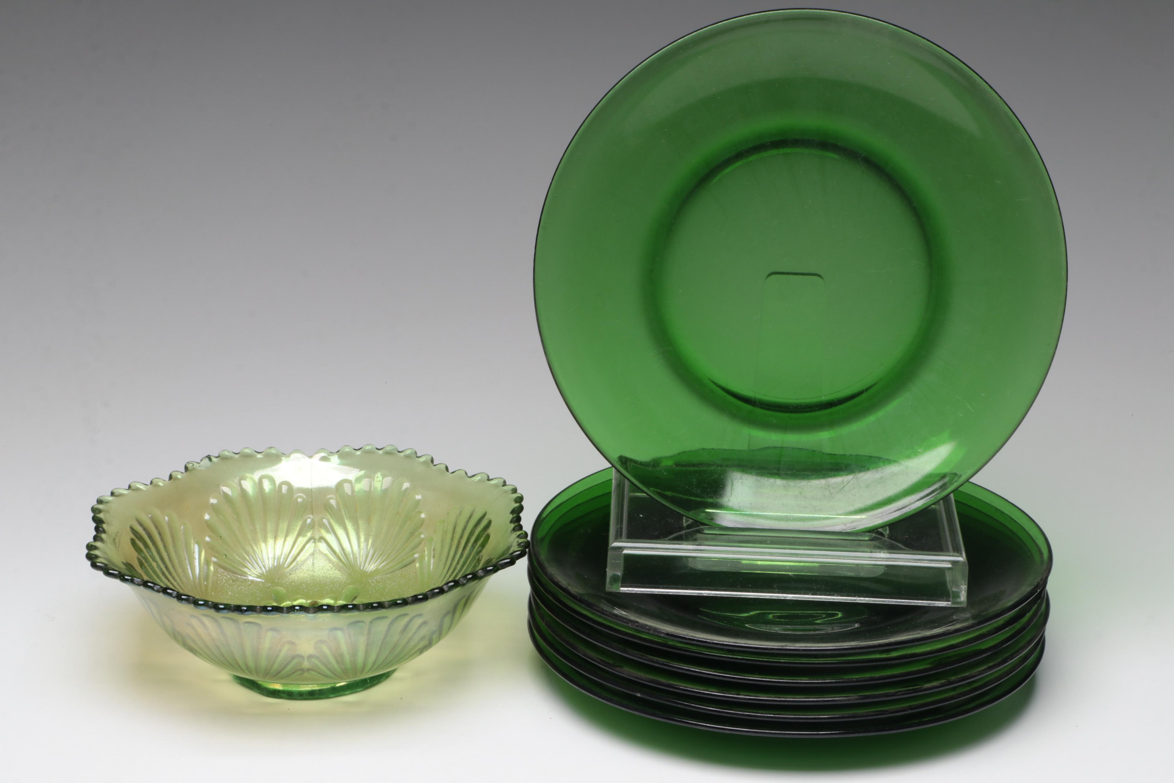 Pressed Glass Shell Bowl with Other Green Glass Tableware