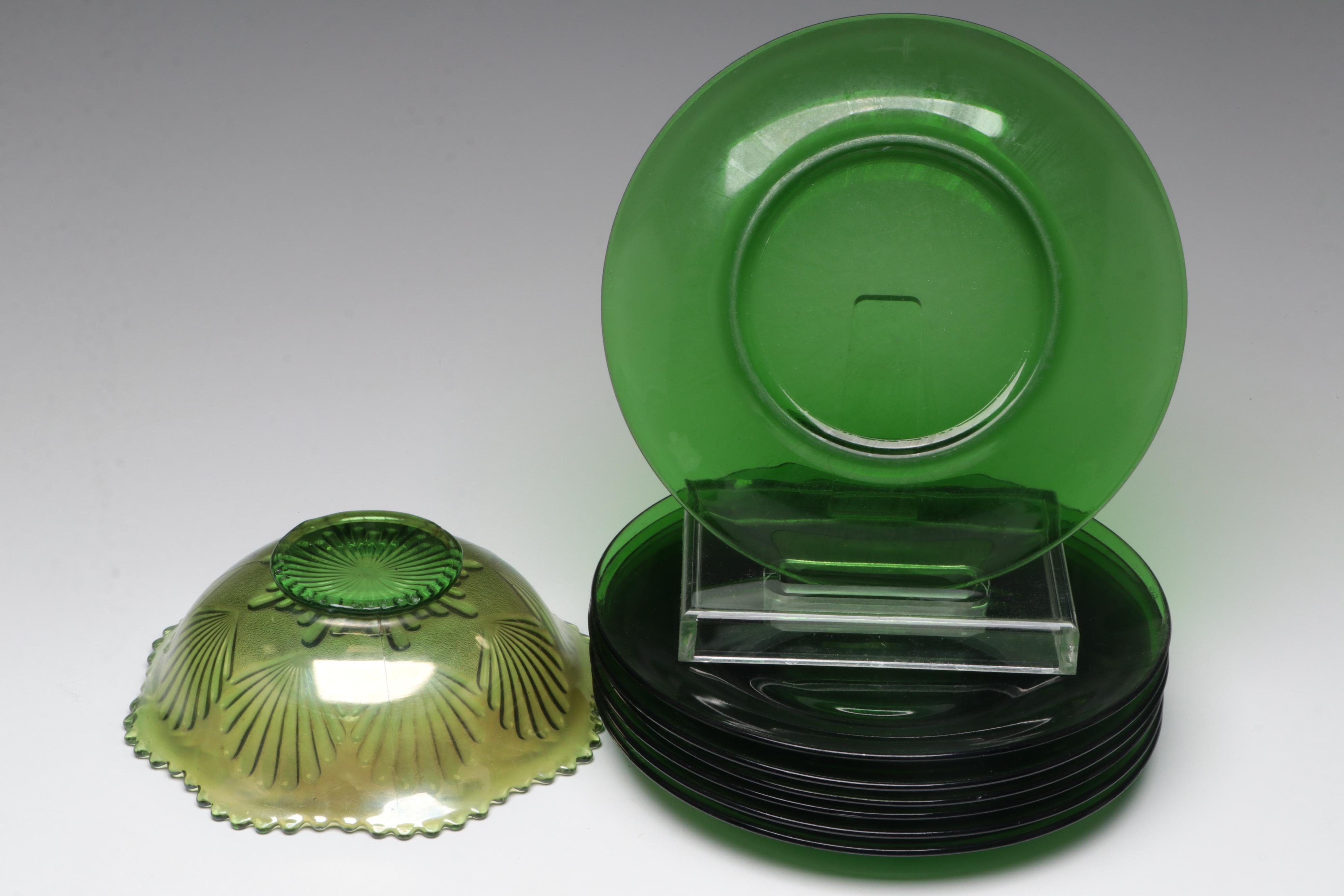 Pressed Glass Shell Bowl with Other Green Glass Tableware