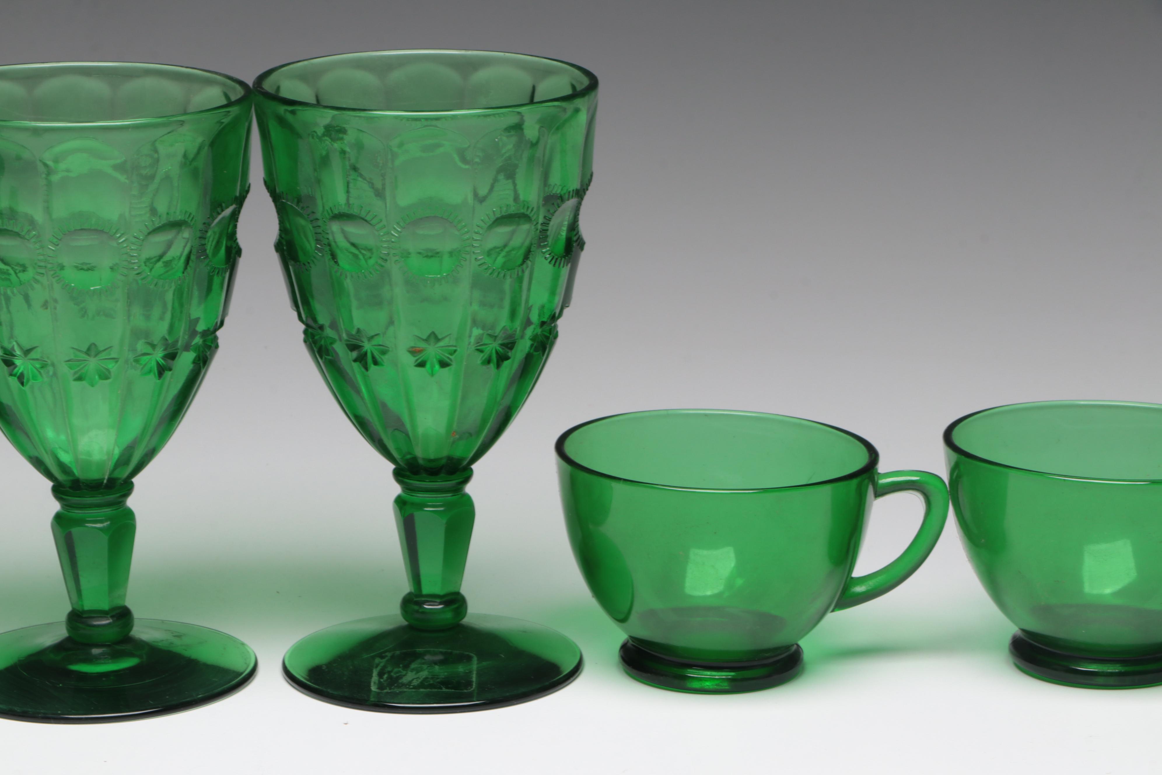 Pressed Glass Shell Bowl with Other Green Glass Tableware