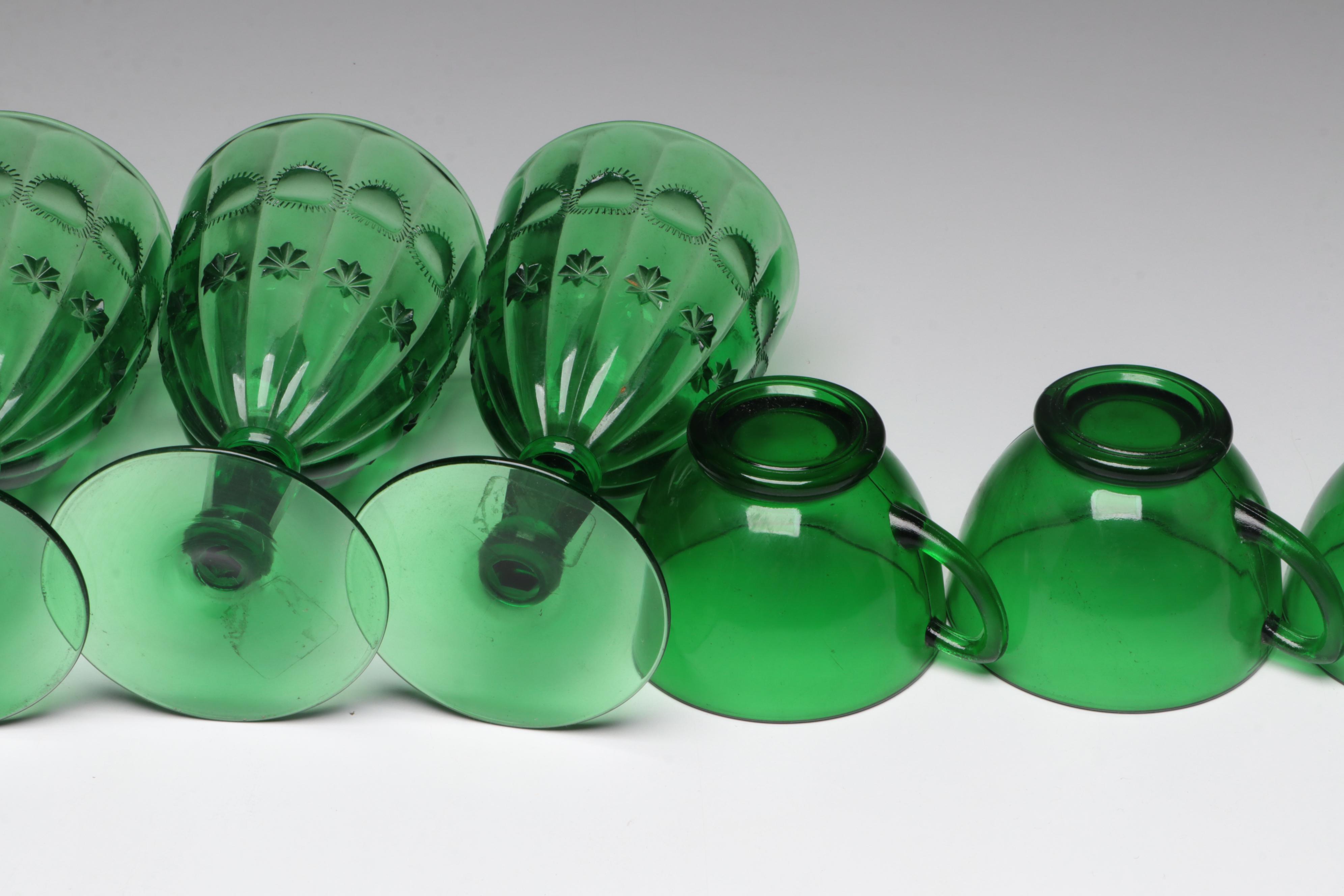 Pressed Glass Shell Bowl with Other Green Glass Tableware