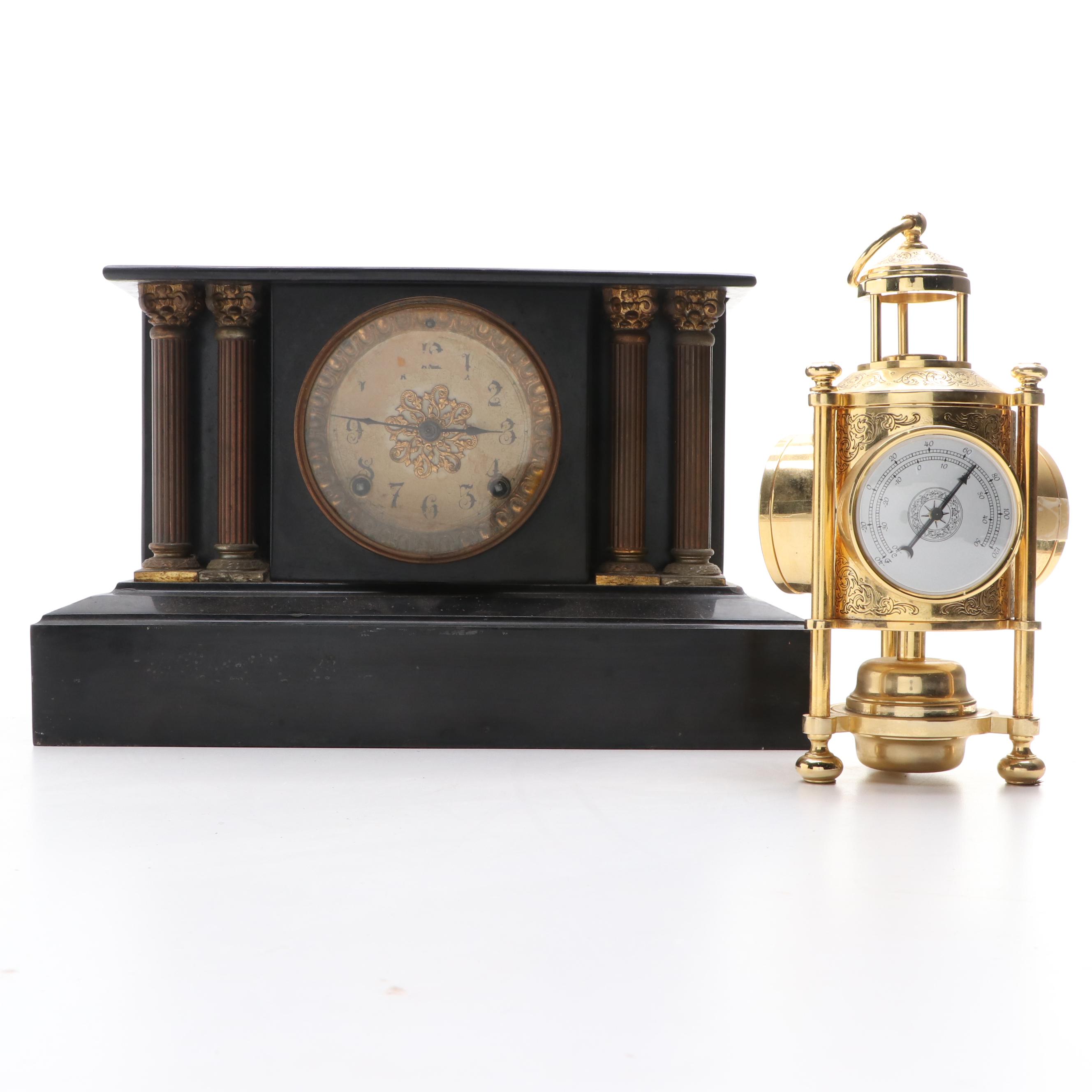Ansonia Metal Pillar Mantel Clock with Brass Barometer