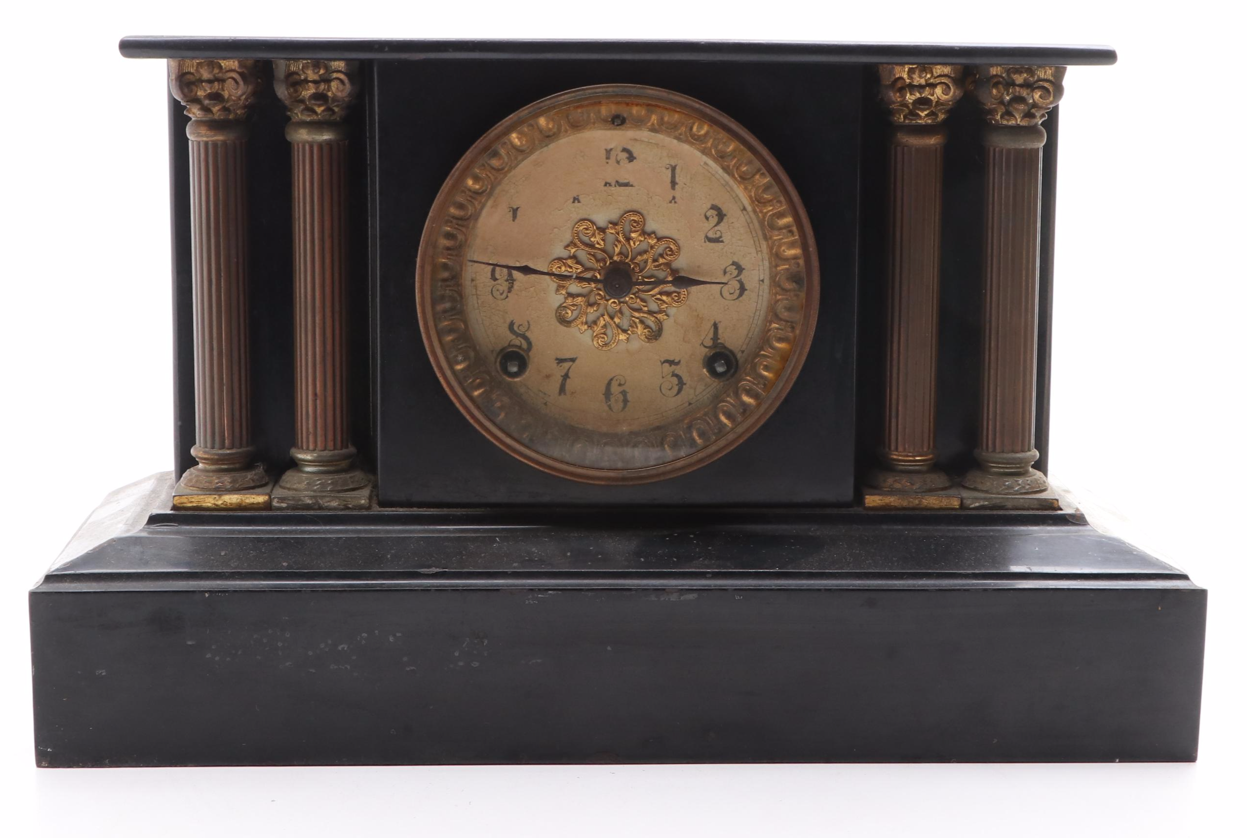 Ansonia Metal Pillar Mantel Clock with Brass Barometer