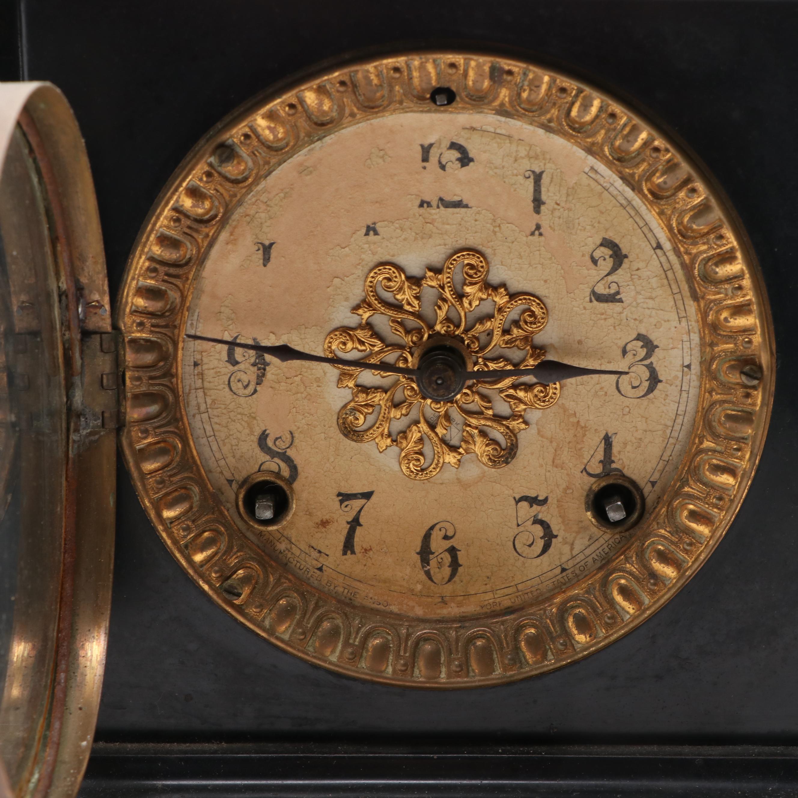Ansonia Metal Pillar Mantel Clock with Brass Barometer