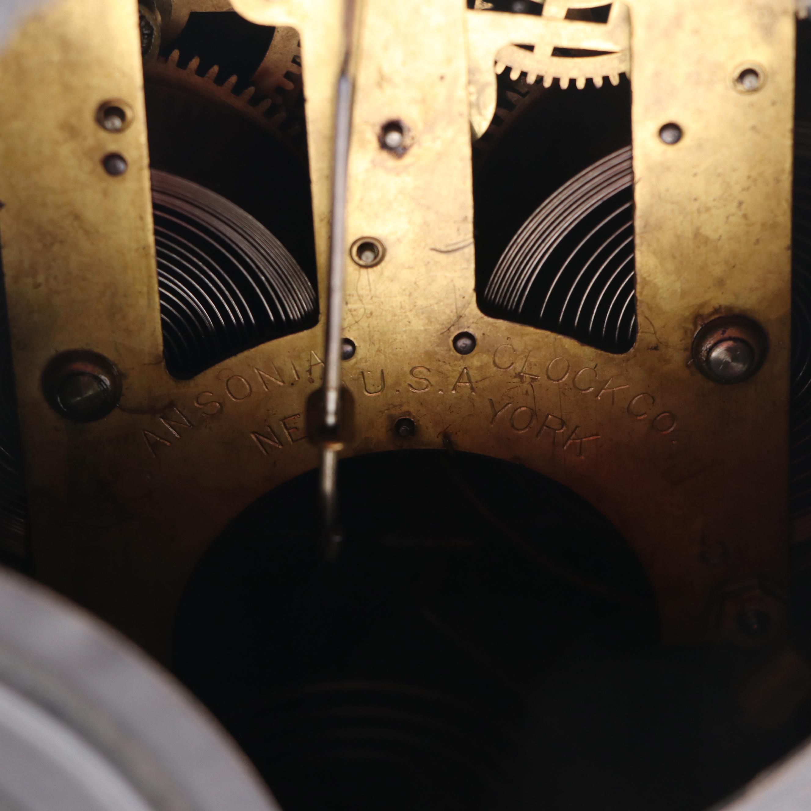 Ansonia Metal Pillar Mantel Clock with Brass Barometer