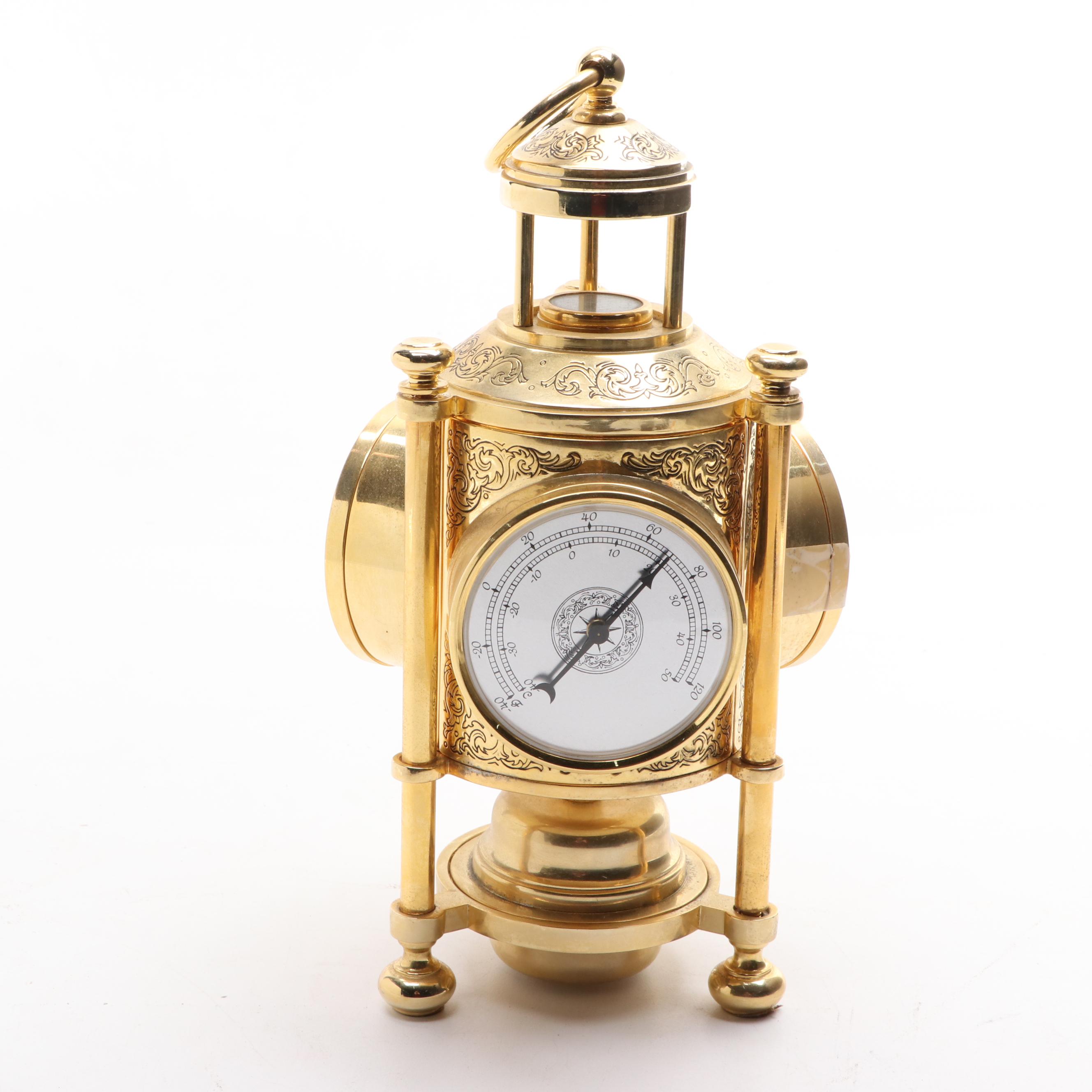 Ansonia Metal Pillar Mantel Clock with Brass Barometer