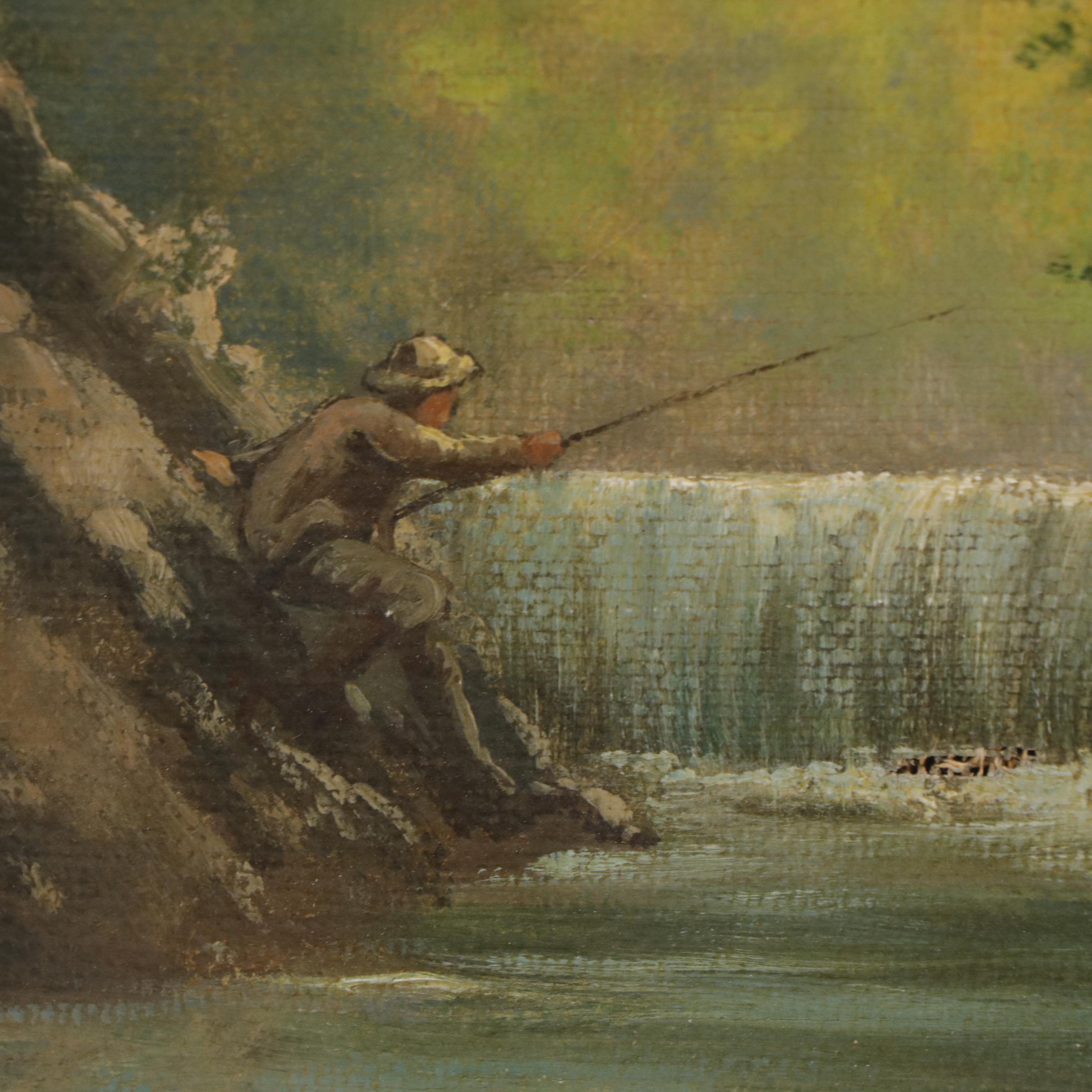 Oil Painting of Woodland Stream With Fisherman