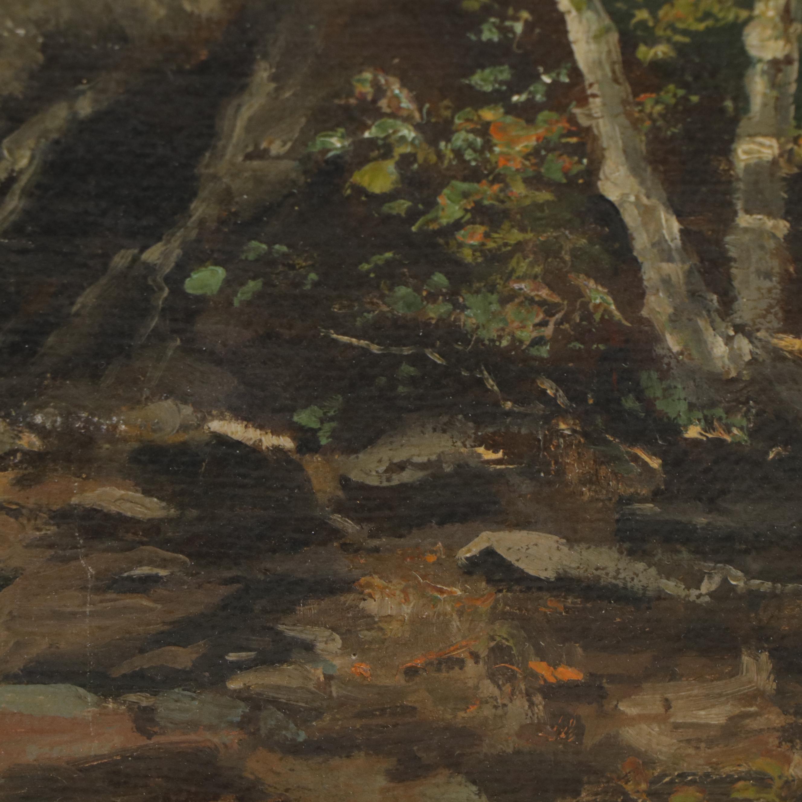 Oil Painting of Woodland Stream With Fisherman