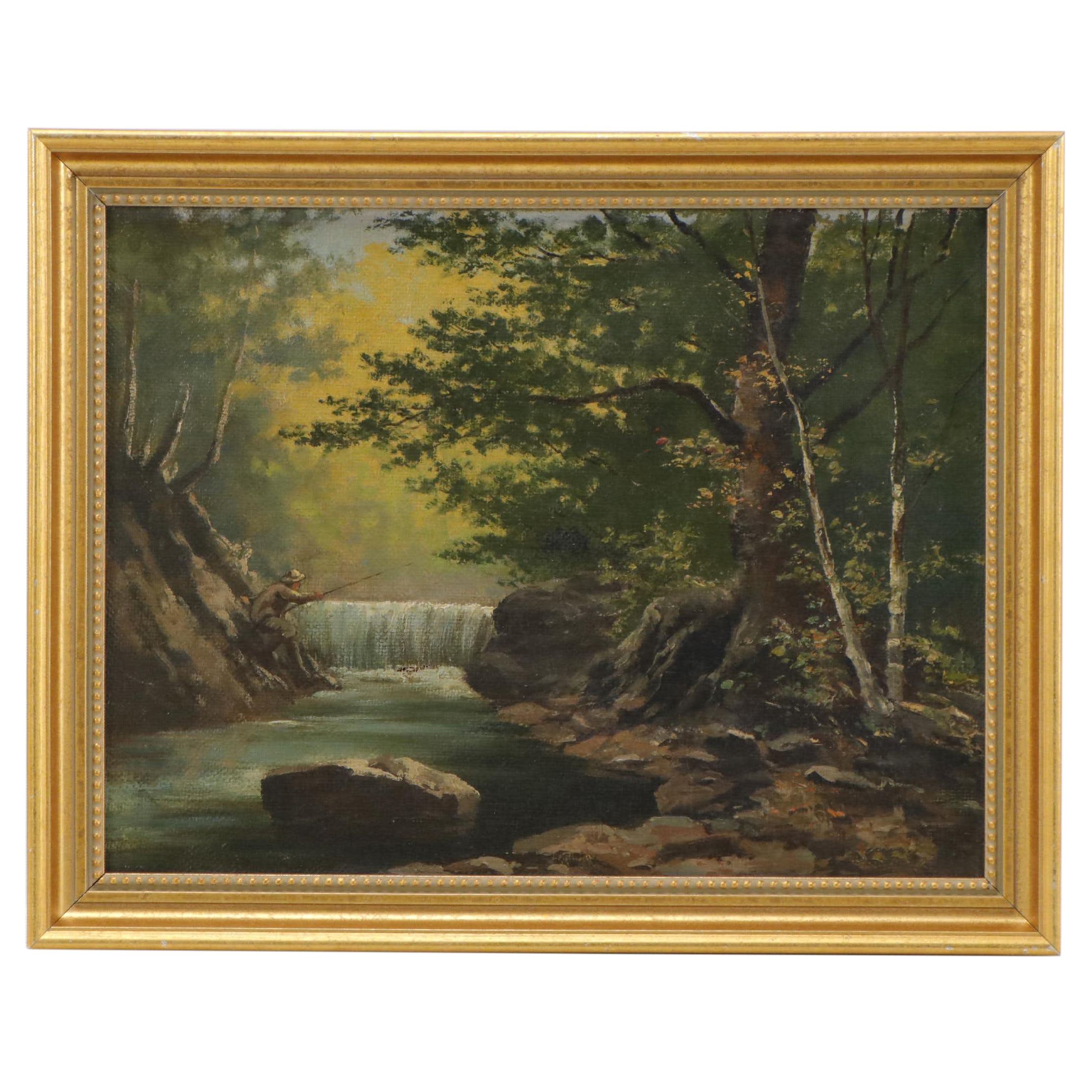 Oil Painting of Woodland Stream With Fisherman