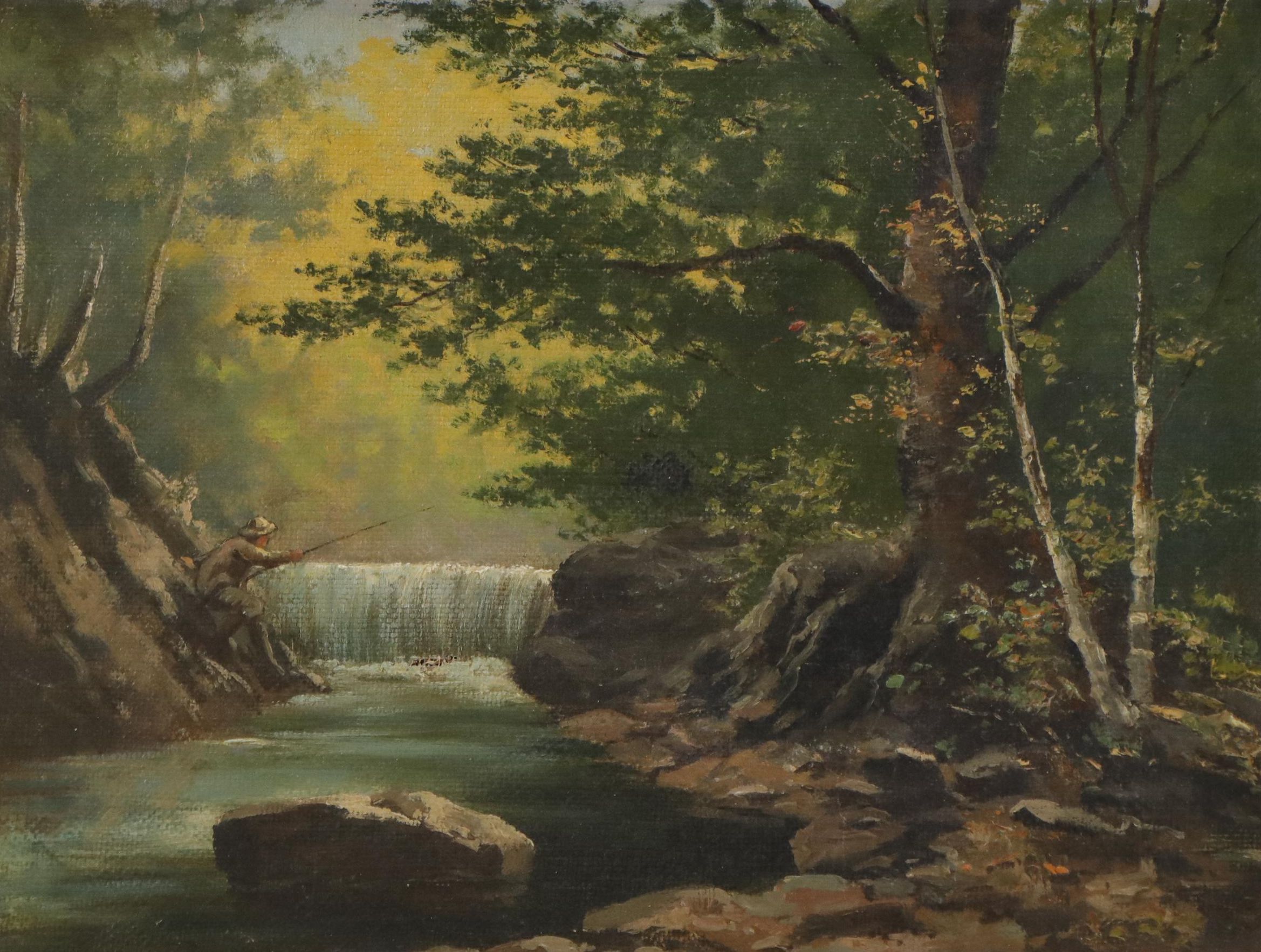 Oil Painting of Woodland Stream With Fisherman