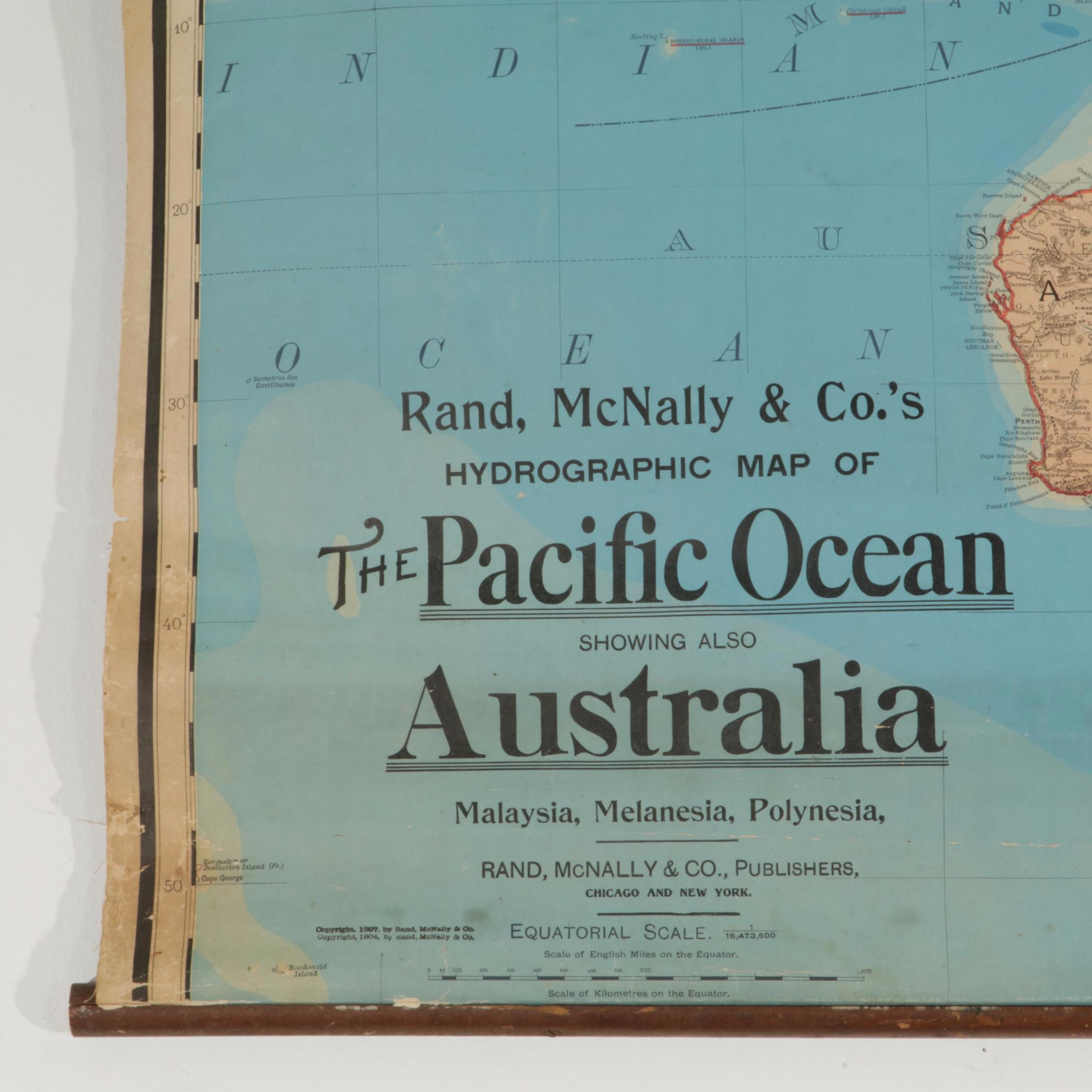 Retractable Rand McNally Wall Map of Pacific Ocean and Australia in Casing, 1904