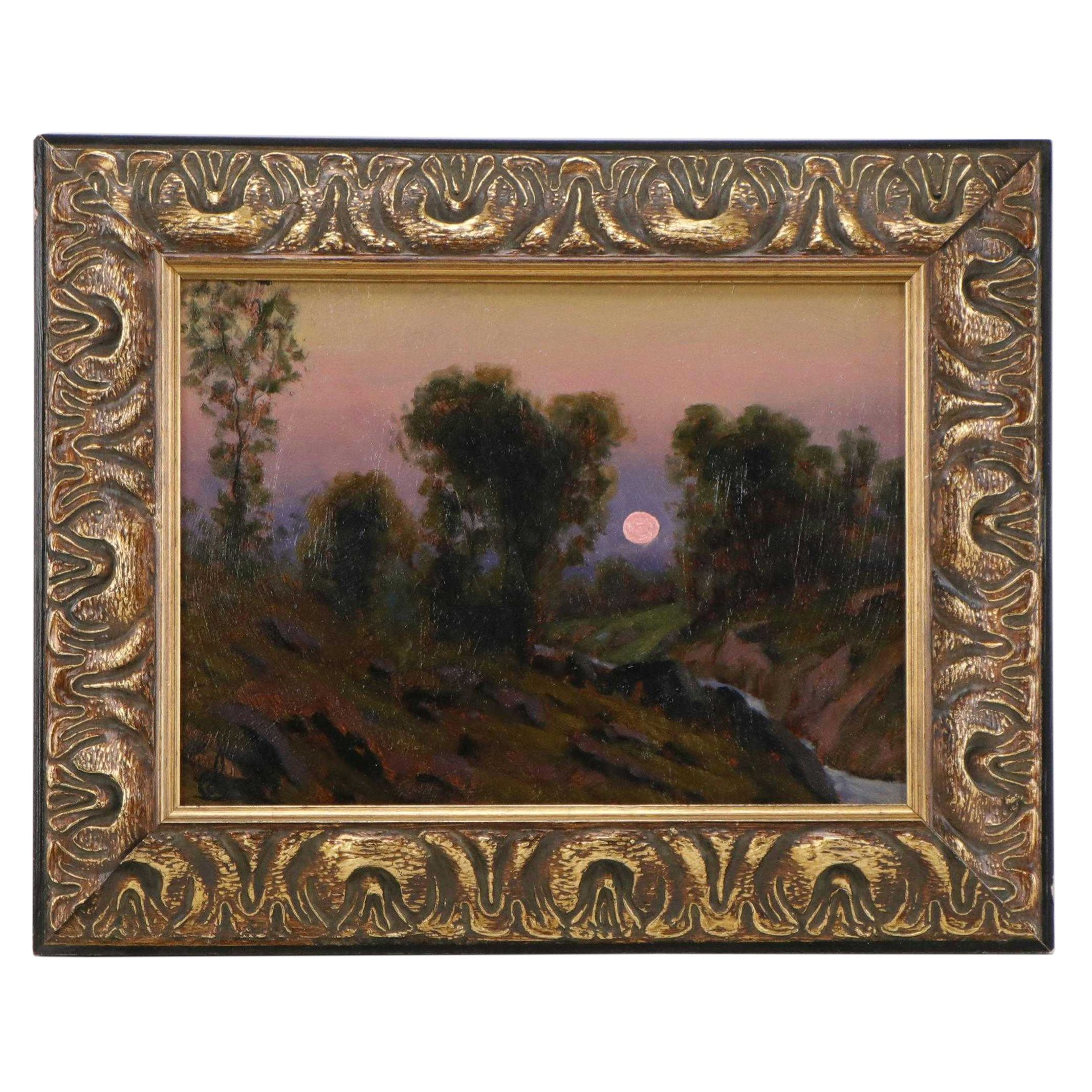 Cole Oil Painting of Landscape With Stream at Sunset
