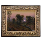 Cole Oil Painting of Landscape With Stream at Sunset