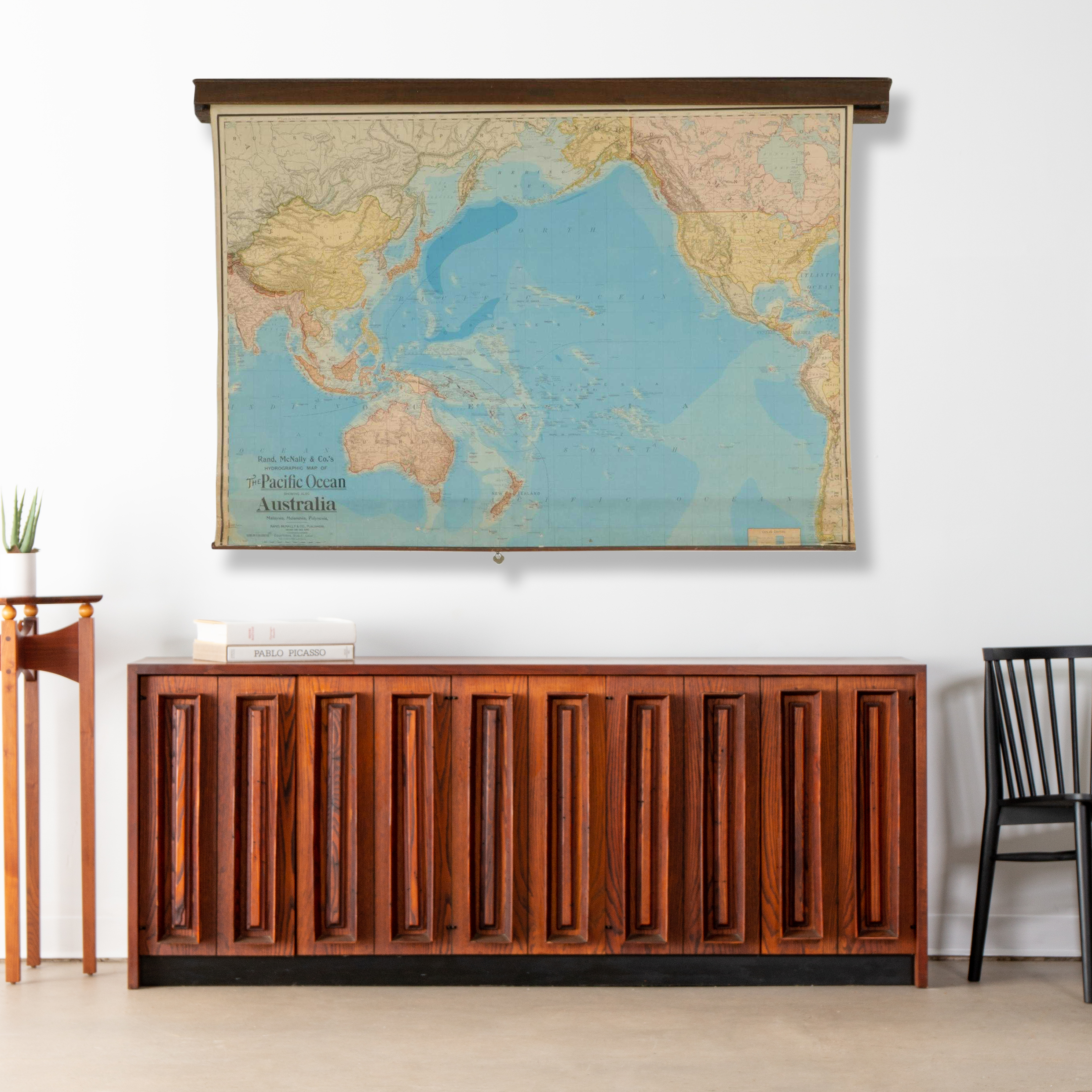 Retractable Rand McNally Wall Map of Pacific Ocean and Australia in Casing, 1904