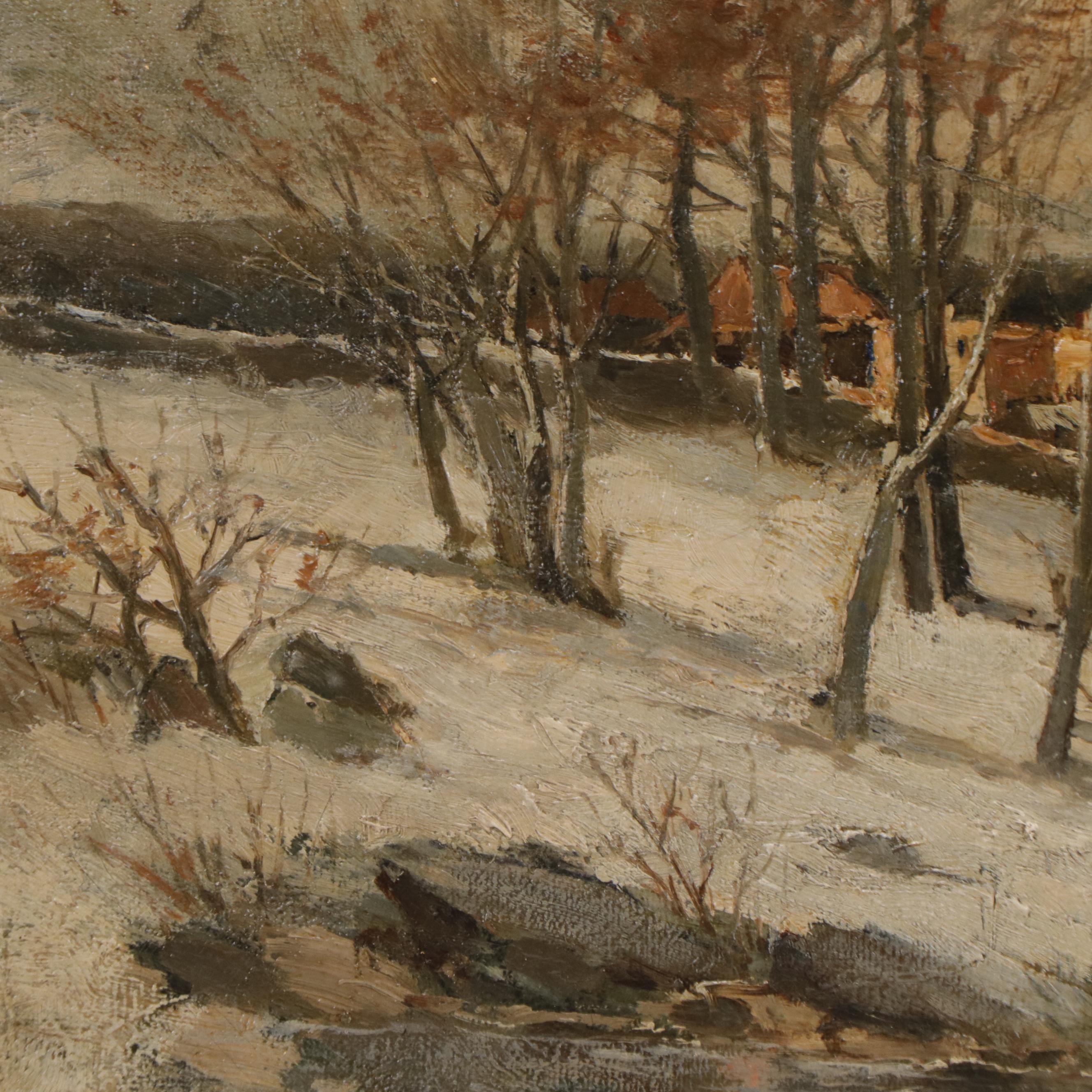 Snowy Winter Landscape Oil Painting, Circa 1900